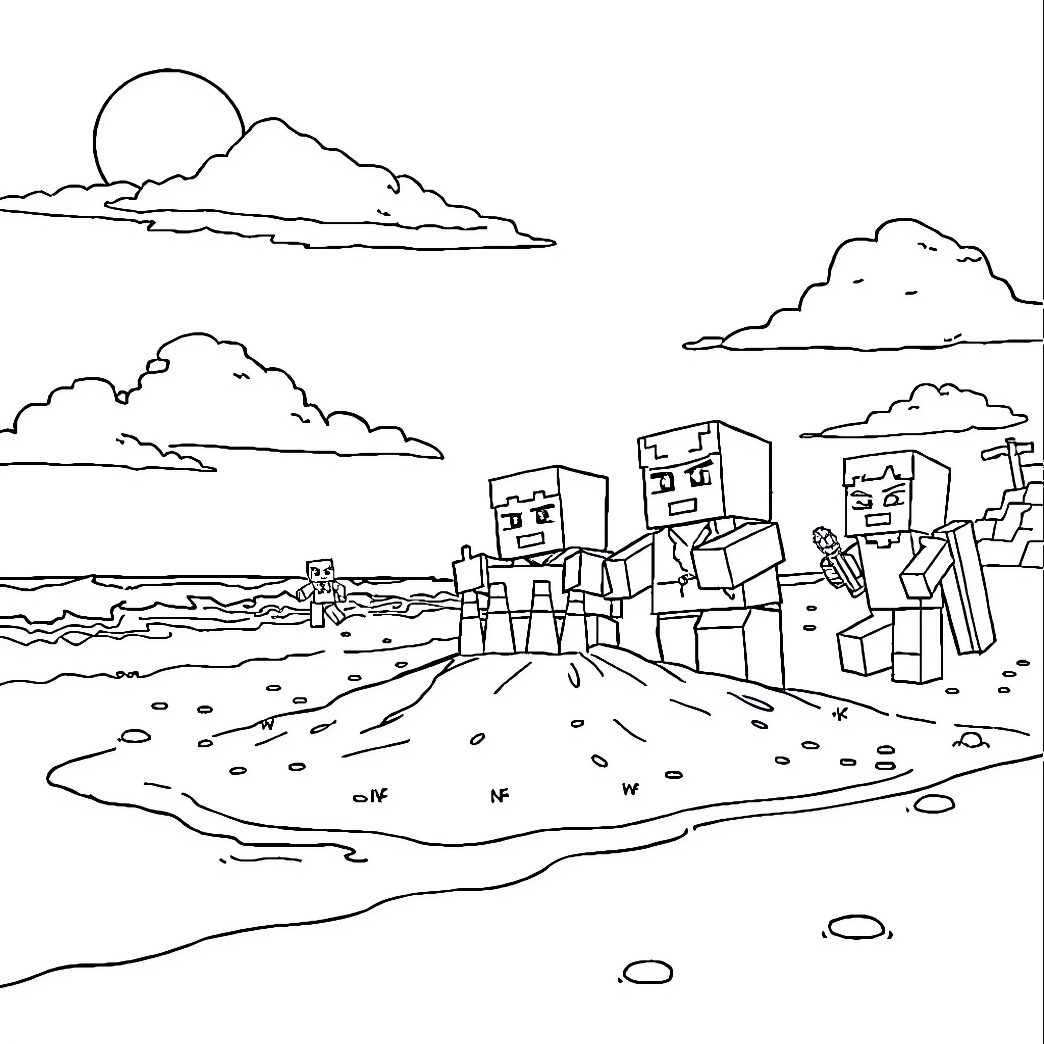 Minecraft characters exploring beach landscape Coloring Page (free black-and-white line drawing printable PDF for all, from beginners to advanced learners, including children, teens, adults, and seniors)