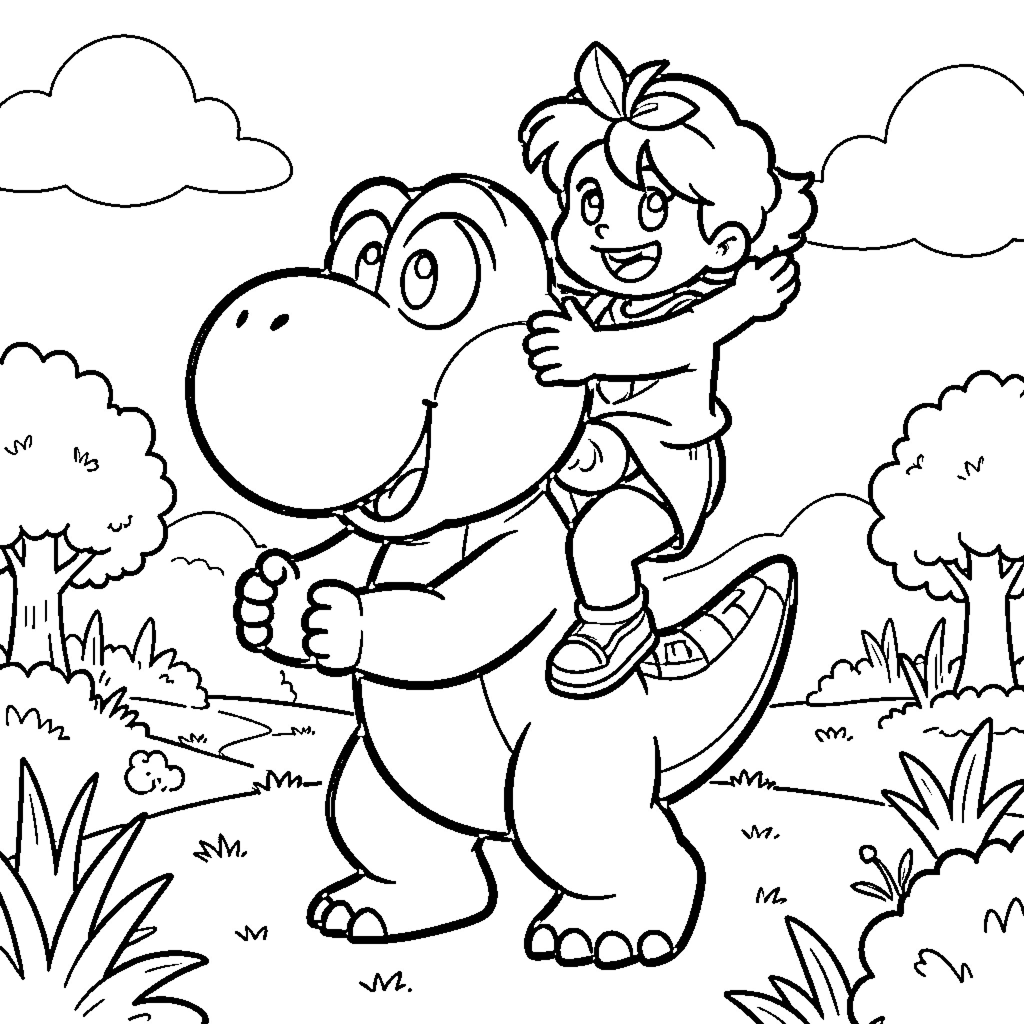 Yoshi being ridden by a happy child outdoors Coloring Page (free black-and-white line drawing printable PDF for all, from beginners to advanced learners, including children, teens, adults, and seniors)