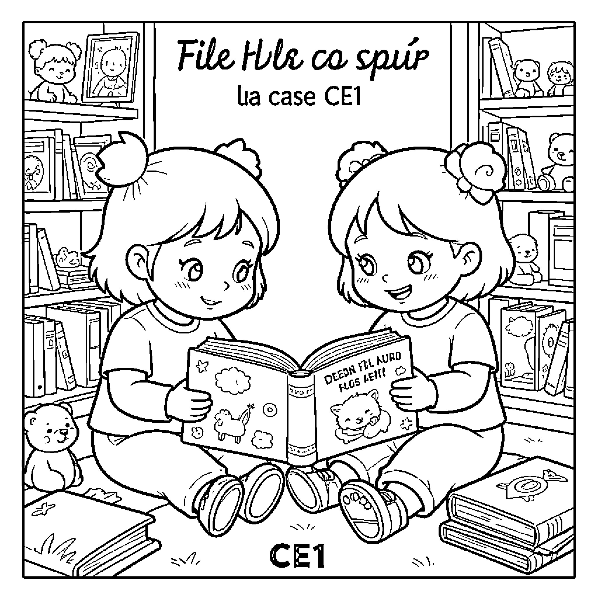 Livre girls sitting and reading a story together Coloring Page (free black-and-white line drawing printable PDF for all, from beginners to advanced learners, including children, teens, adults, and seniors)