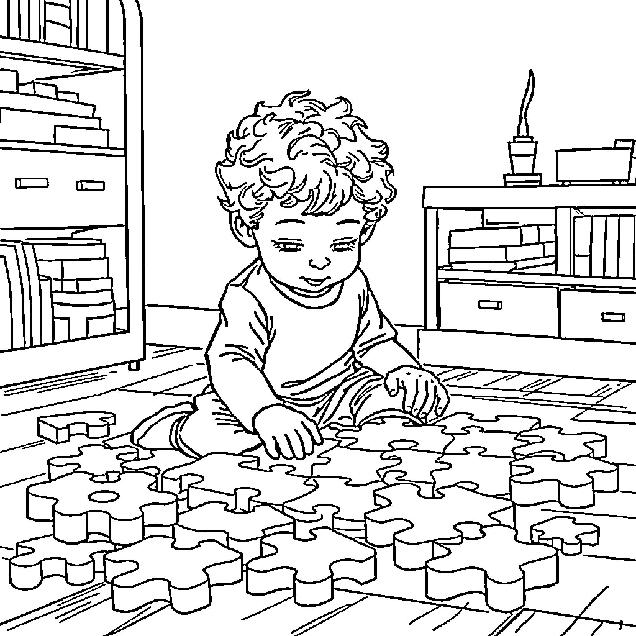 Boy Playing with Puzzle Pieces in Room Coloring Page (free black-and-white line drawing printable PDF for all, from beginners to advanced learners, including children, teens, adults, and seniors)