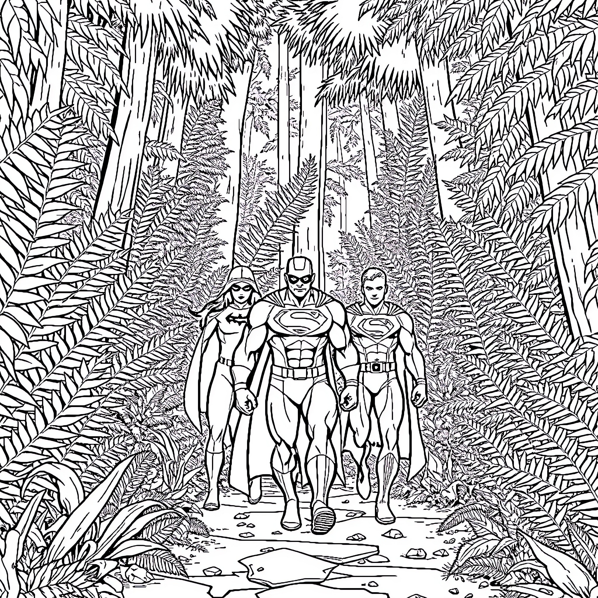 Superhero team in action within lush forest landscape Coloring Page (free black-and-white line drawing printable PDF for all, from beginners to advanced learners, including children, teens, adults, and seniors)