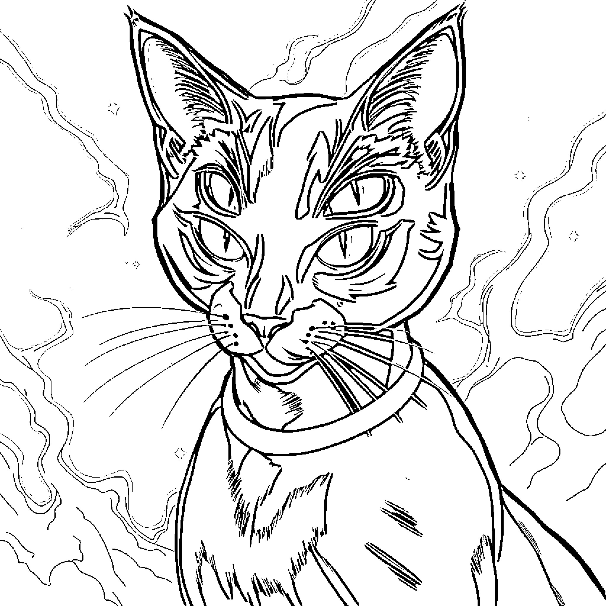 Cat with intense stare in a surreal environment Coloring Page (free black-and-white line drawing printable PDF for all, from beginners to advanced learners, including children, teens, adults, and seniors)