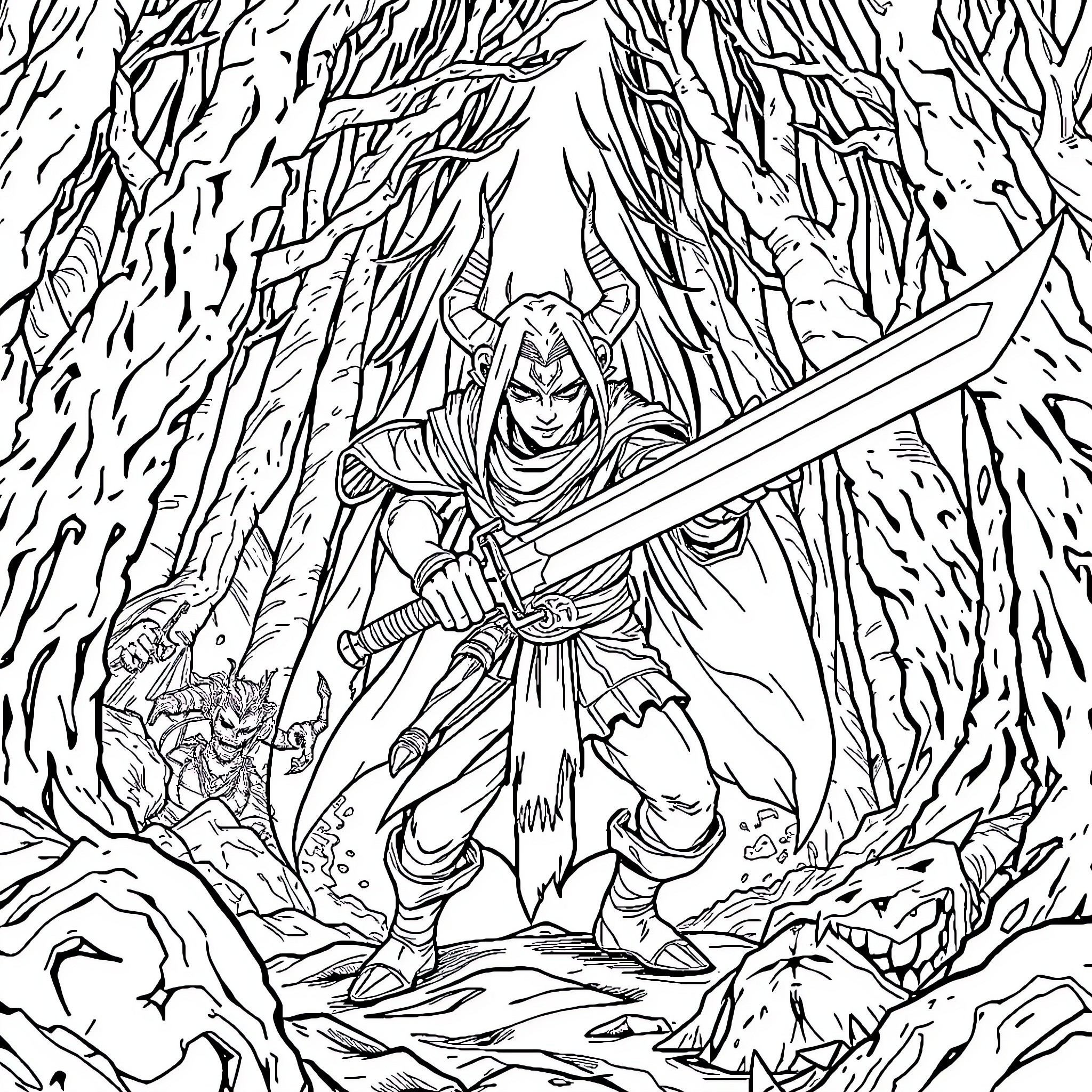 Demon Slayer warrior battling fiercely in the wilderness Coloring Page (free black-and-white line drawing printable PDF for all, from beginners to advanced learners, including children, teens, adults, and seniors)
