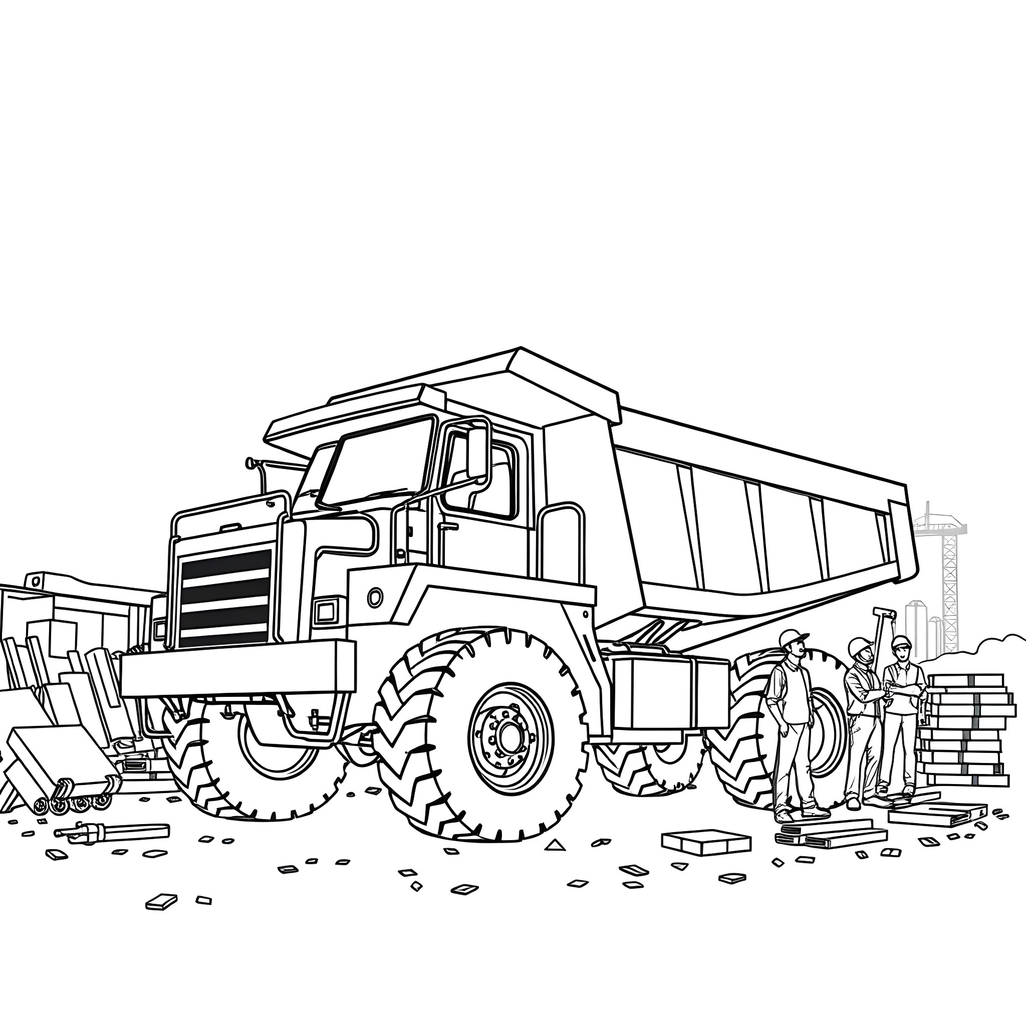 Dumper truck on construction site Coloring Page (free black-and-white line drawing printable PDF for all, from beginners to advanced learners, including children, teens, adults, and seniors)