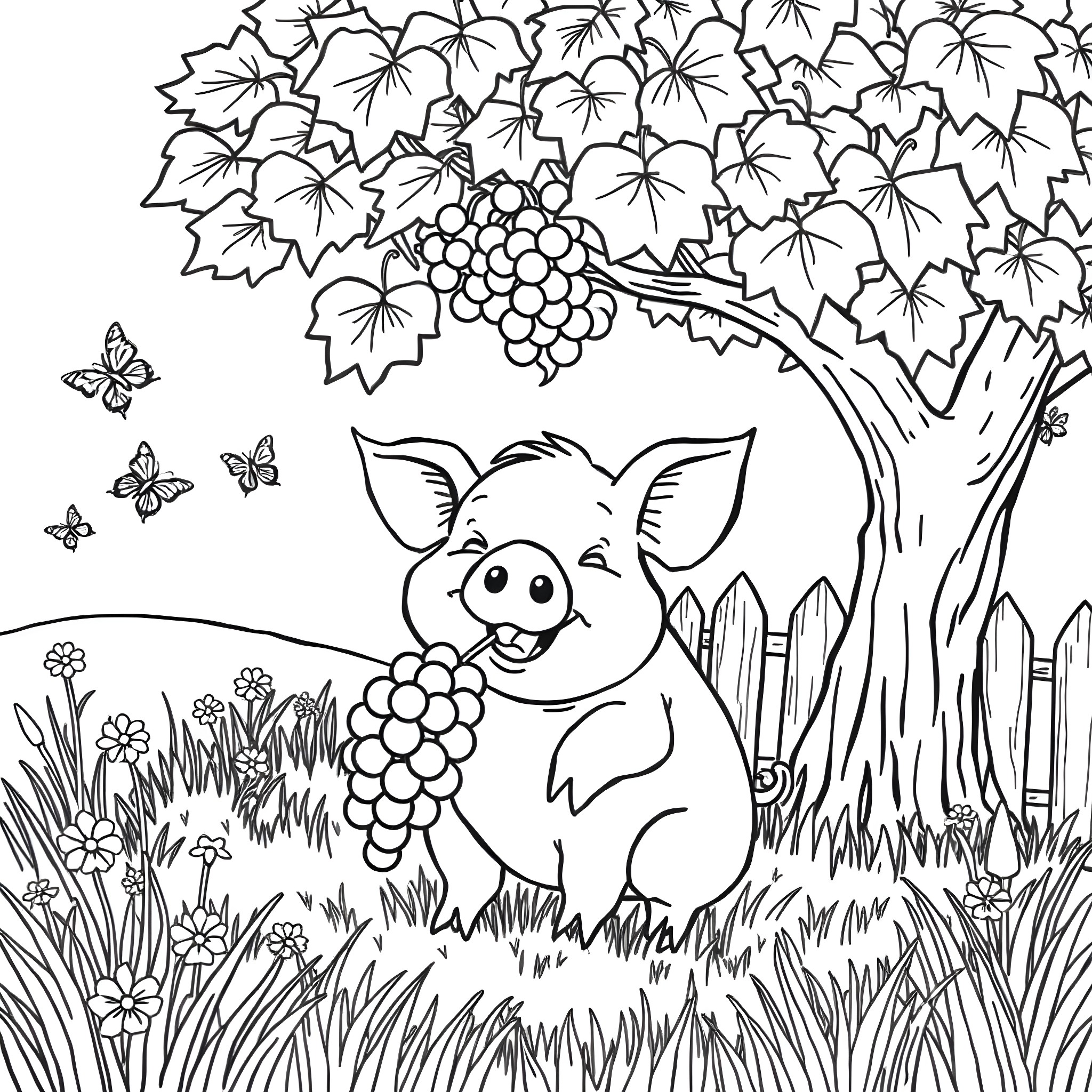 Pig enjoying grapes under a leafy tree Coloring Page (free black-and-white line drawing printable PDF for all, from beginners to advanced learners, including children, teens, adults, and seniors)
