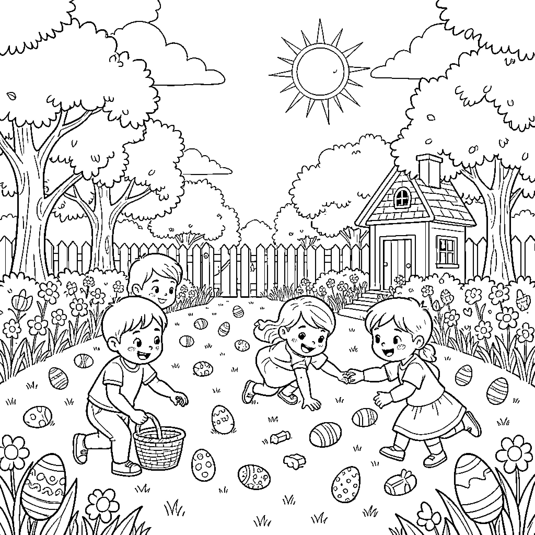 Easter fun with children playing in a garden Coloring Page (free black-and-white line drawing printable PDF for all, from beginners to advanced learners, including children, teens, adults, and seniors)