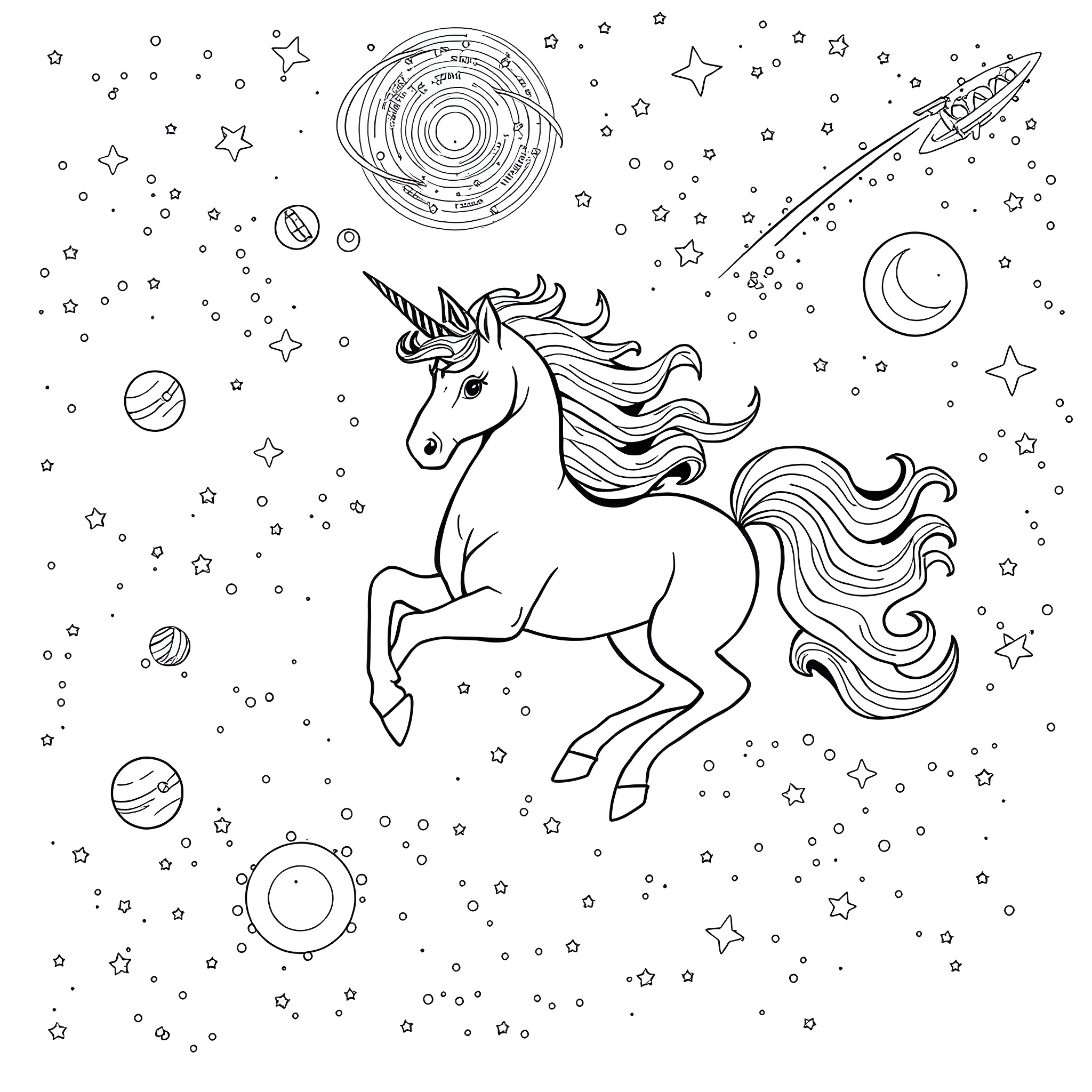 Unicorn galloping through a starry night sky Coloring Page (free black-and-white line drawing printable PDF for all, from beginners to advanced learners, including children, teens, adults, and seniors)