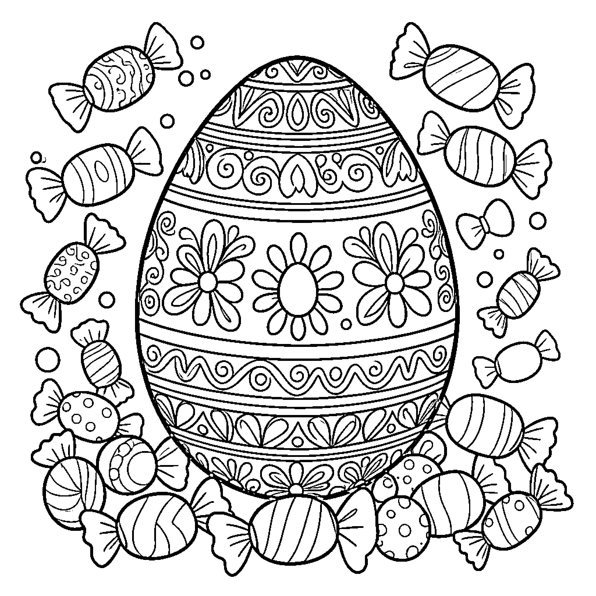 Candy Easter egg with decorative sweets Coloring Page (free black-and-white line drawing printable PDF for all, from beginners to advanced learners, including children, teens, adults, and seniors)