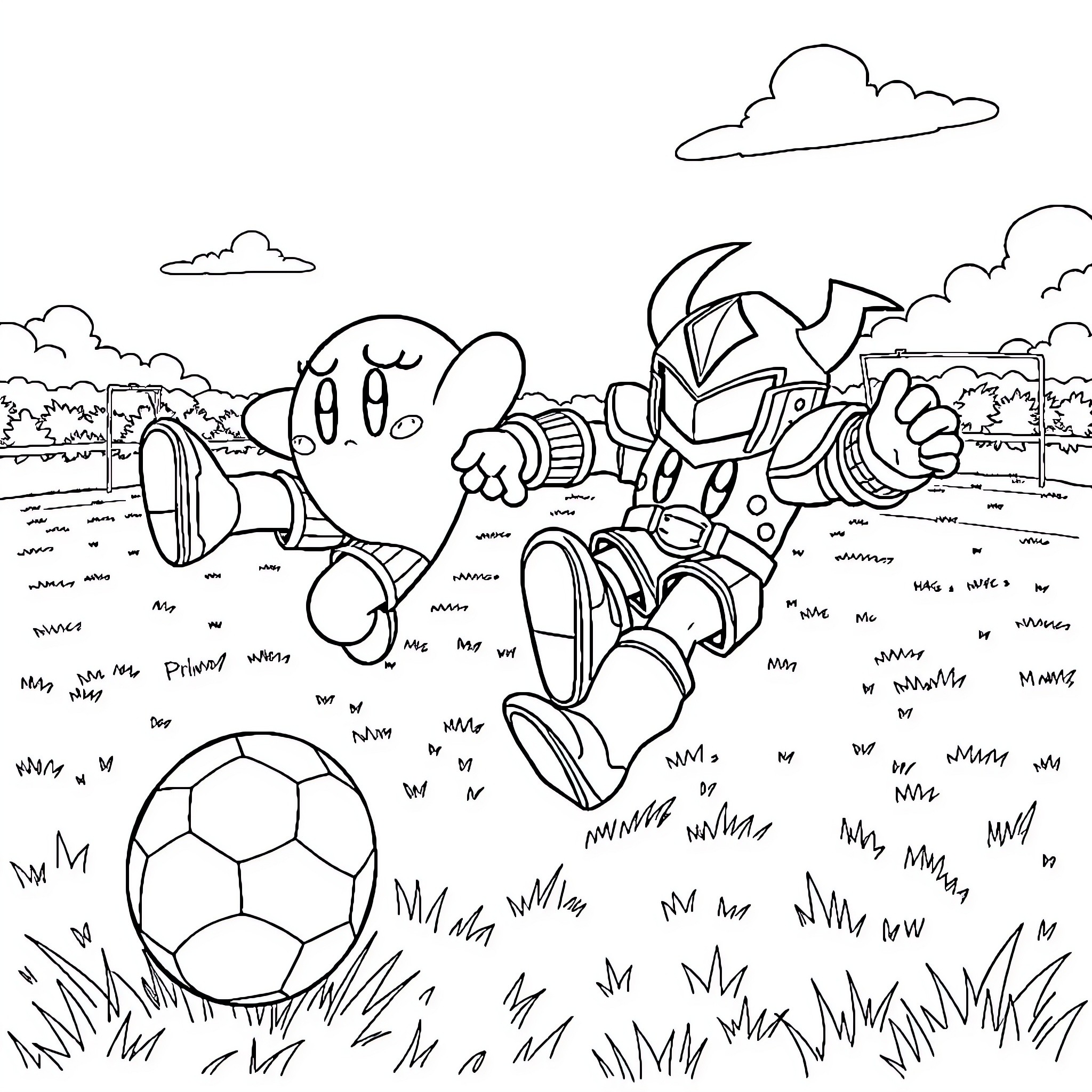Kirby having fun with soccer ball in the field Coloring Page (free black-and-white line drawing printable PDF for all, from beginners to advanced learners, including children, teens, adults, and seniors)