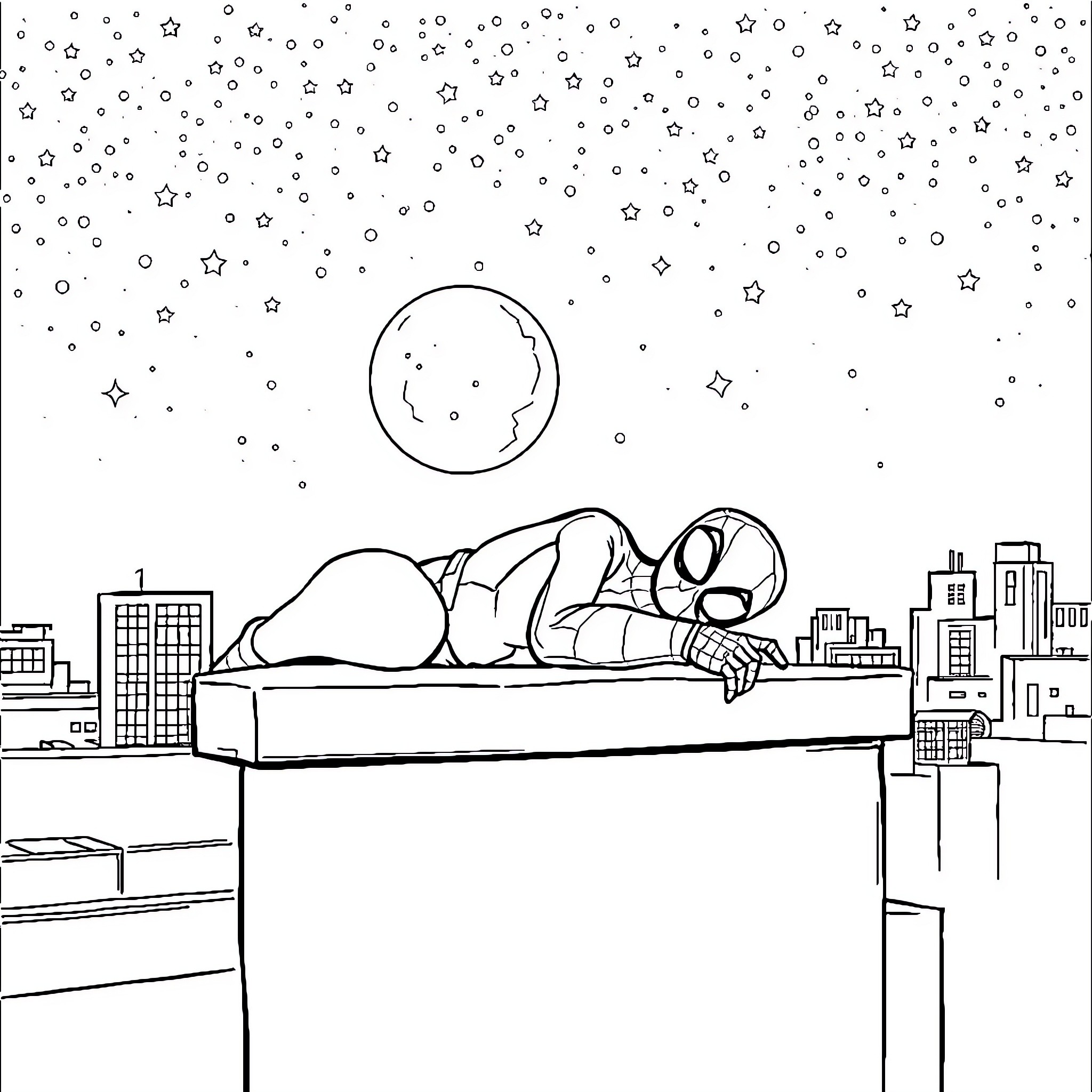 Spiderman relaxing under the starry sky Coloring Page (free black-and-white line drawing printable PDF for all, from beginners to advanced learners, including children, teens, adults, and seniors)