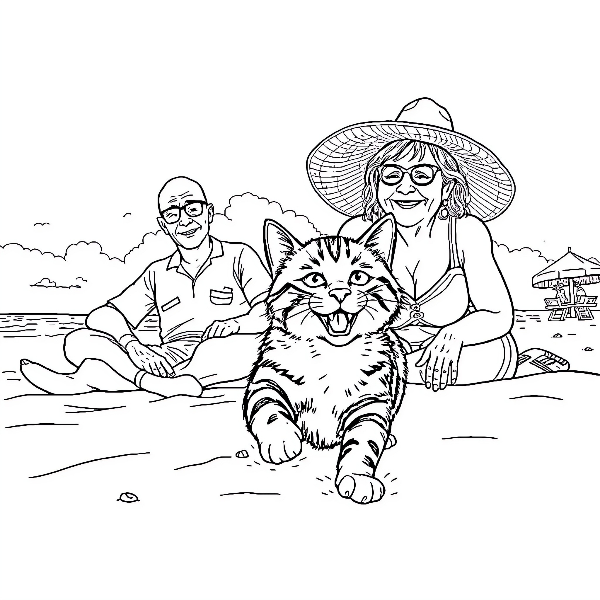 Tabby Cat Enjoying Outdoor Adventure with Companions Coloring Page (free black-and-white line drawing printable PDF for all, from beginners to advanced learners, including children, teens, adults, and seniors)
