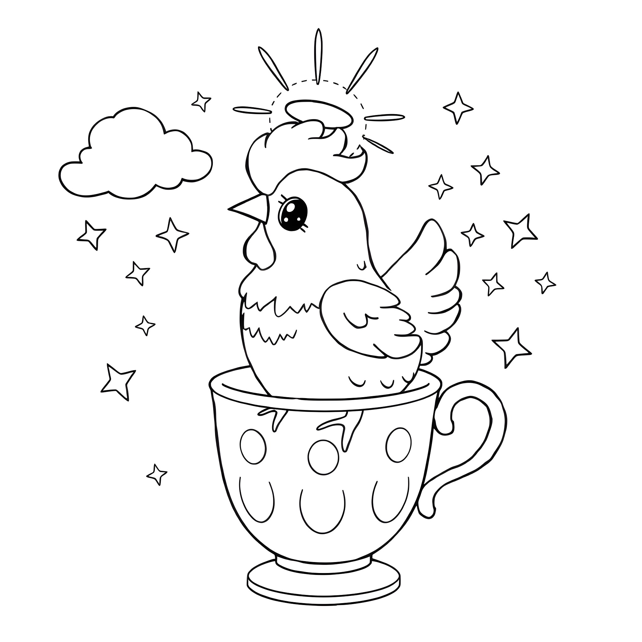 Chicken in a Whimsical Teacup Coloring Page (free black-and-white line drawing printable PDF for all, from beginners to advanced learners, including children, teens, adults, and seniors)