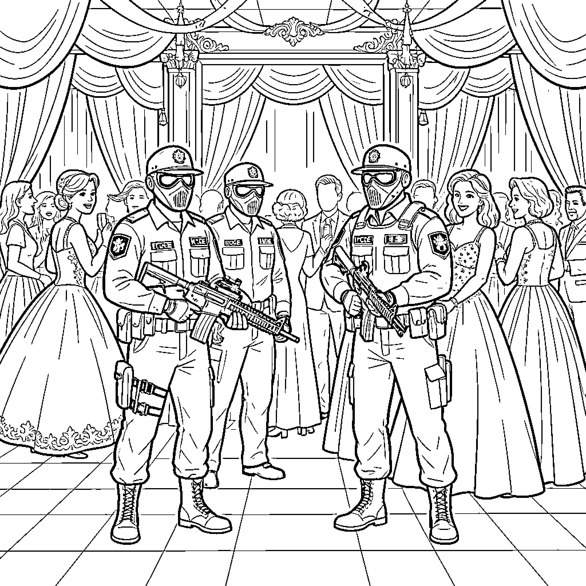 Ice Agent Enforcing Order at Formal Event Coloring Page (free black-and-white line drawing printable PDF for all, from beginners to advanced learners, including children, teens, adults, and seniors)
