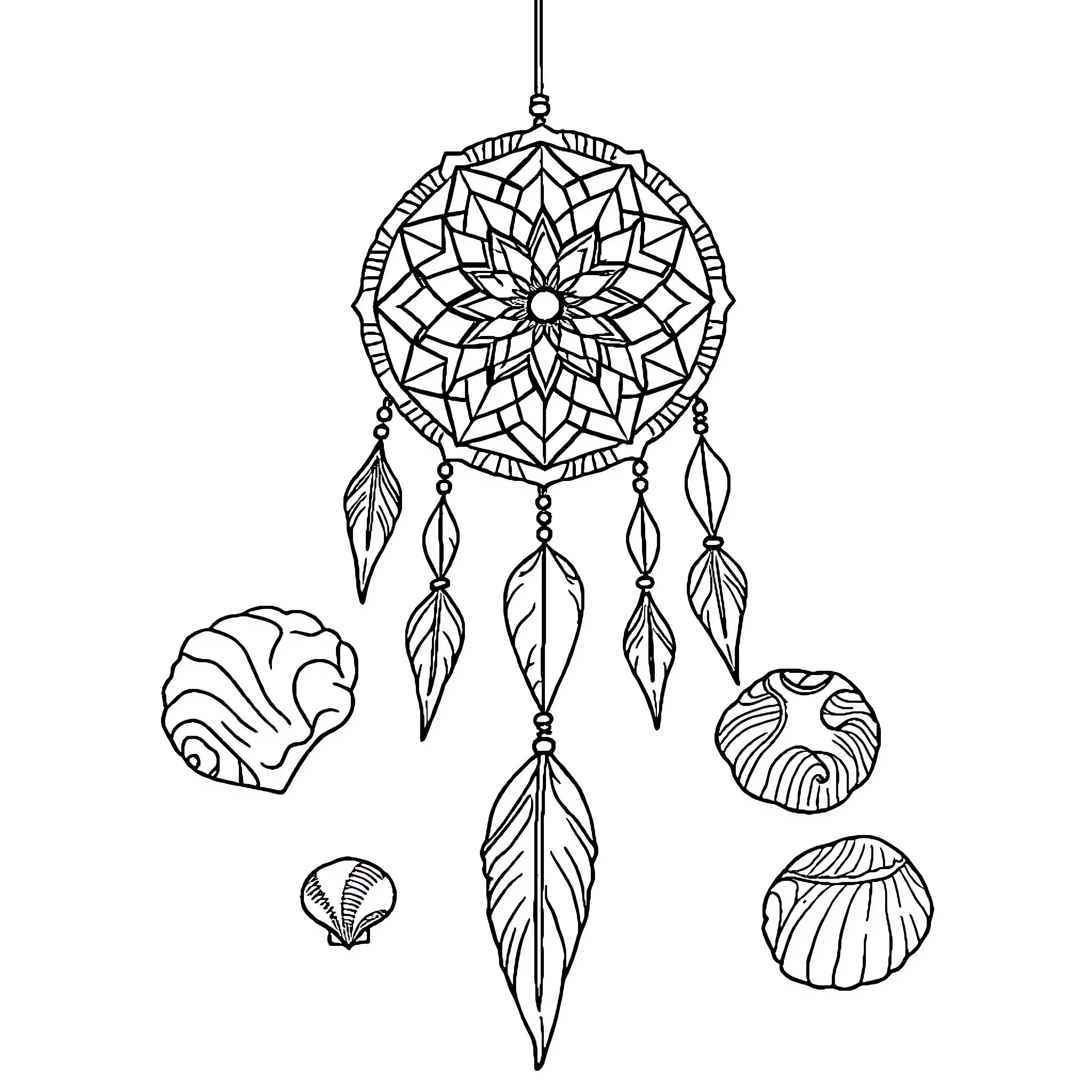 Dream Catcher with Feathers and Shells Coloring Page (free black-and-white line drawing printable PDF for all, from beginners to advanced learners, including children, teens, adults, and seniors)