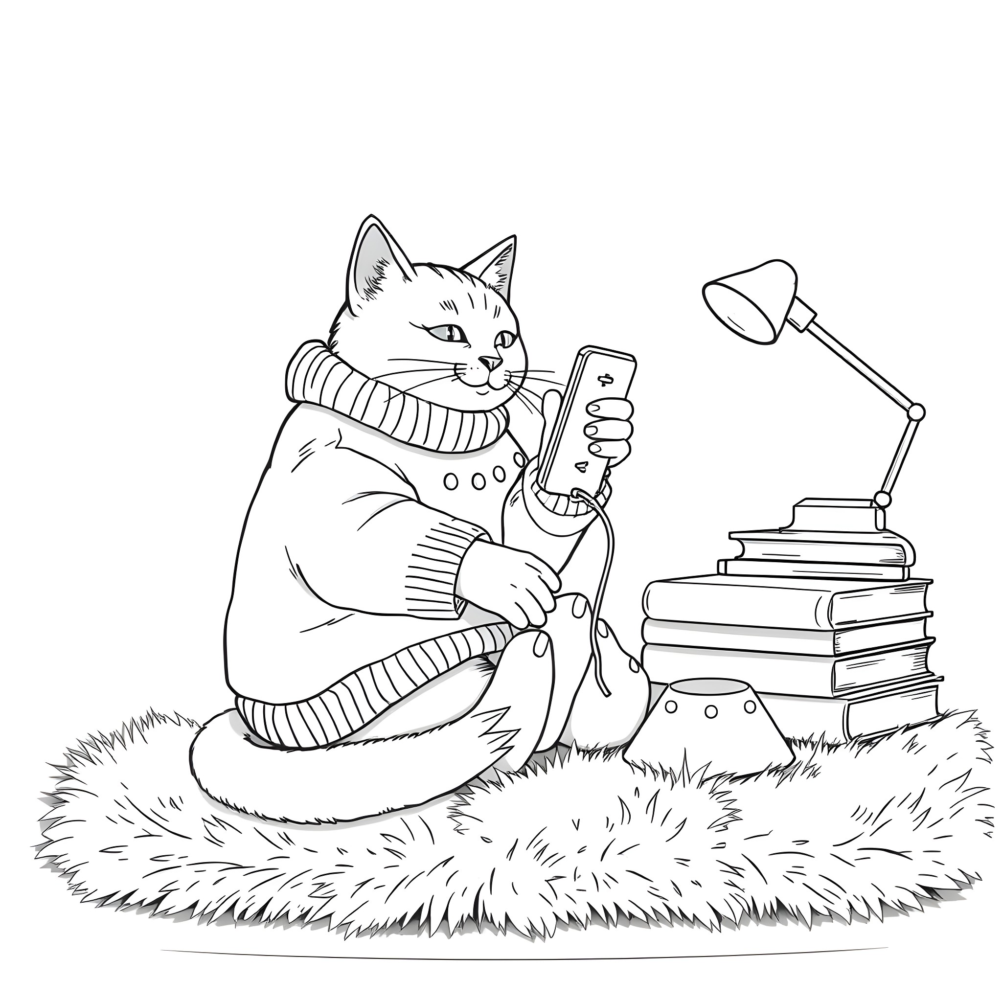 Cat studying with books and lamp Coloring Page (free black-and-white line drawing printable PDF for all, from beginners to advanced learners, including children, teens, adults, and seniors)