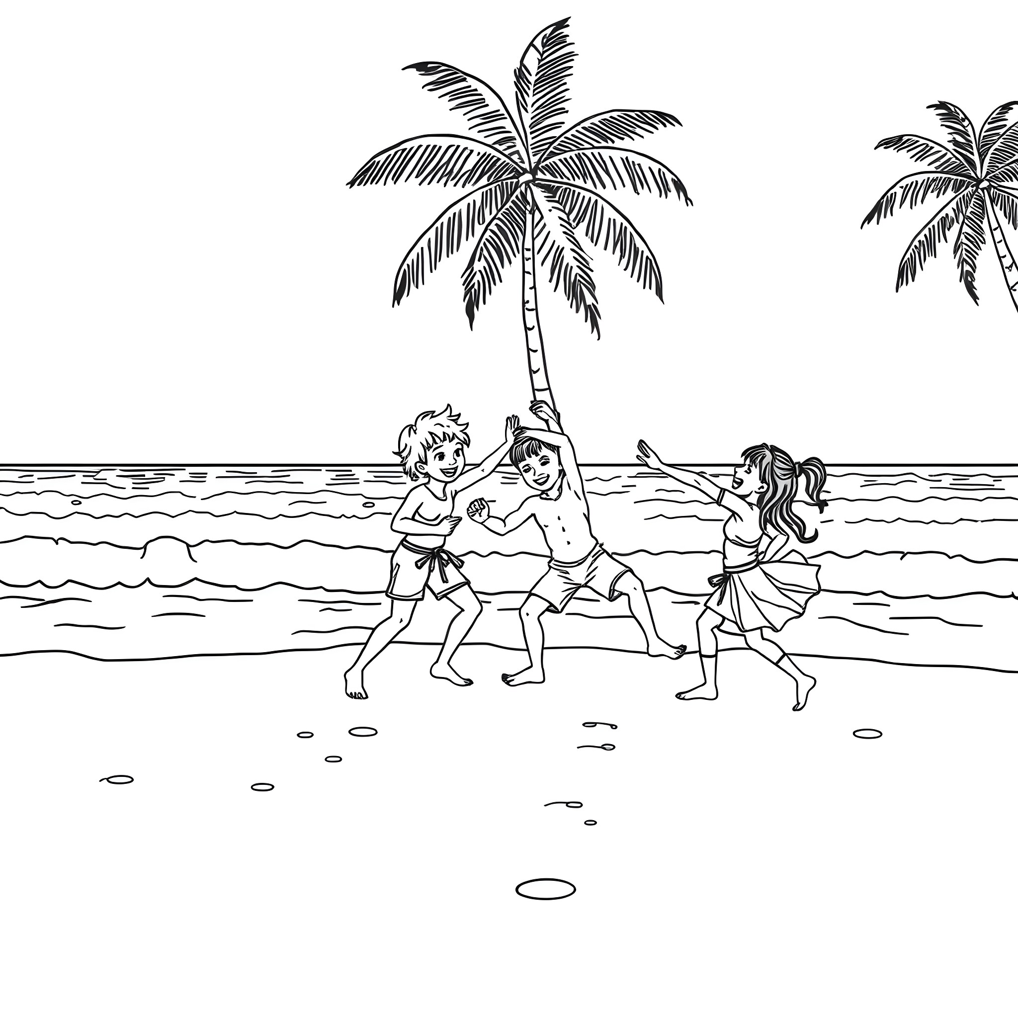 Kid playing beach games with friends under palm trees Coloring Page (free black-and-white line drawing printable PDF for all, from beginners to advanced learners, including children, teens, adults, and seniors)