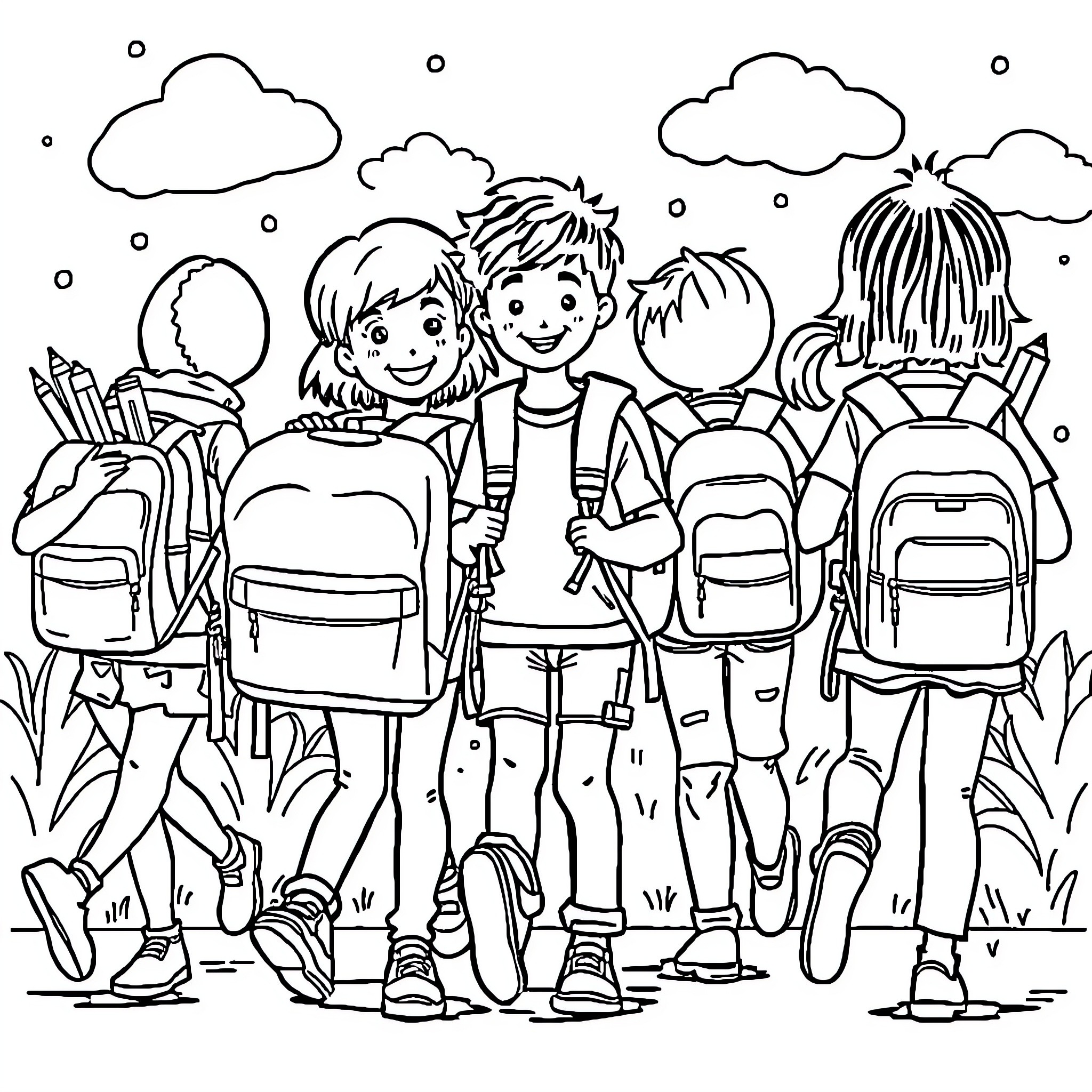 School friends exploring the outdoors together Coloring Page (free black-and-white line drawing printable PDF for all, from beginners to advanced learners, including children, teens, adults, and seniors)