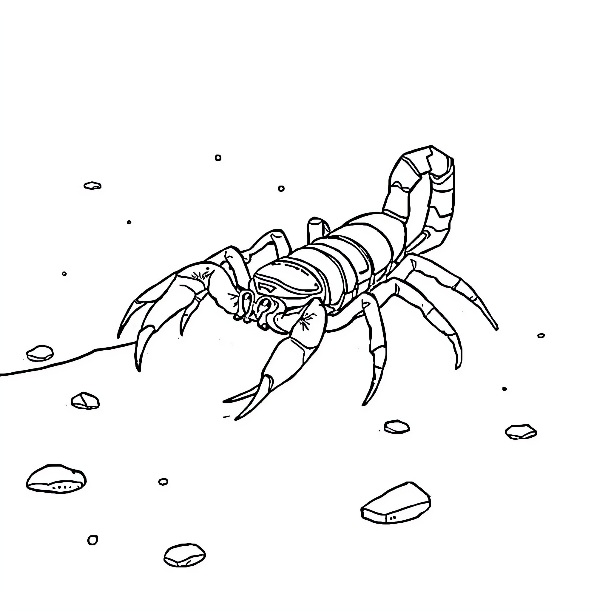 Scorpion lurking among rocks and pebbles Coloring Page (free black-and-white line drawing printable PDF for all, from beginners to advanced learners, including children, teens, adults, and seniors)