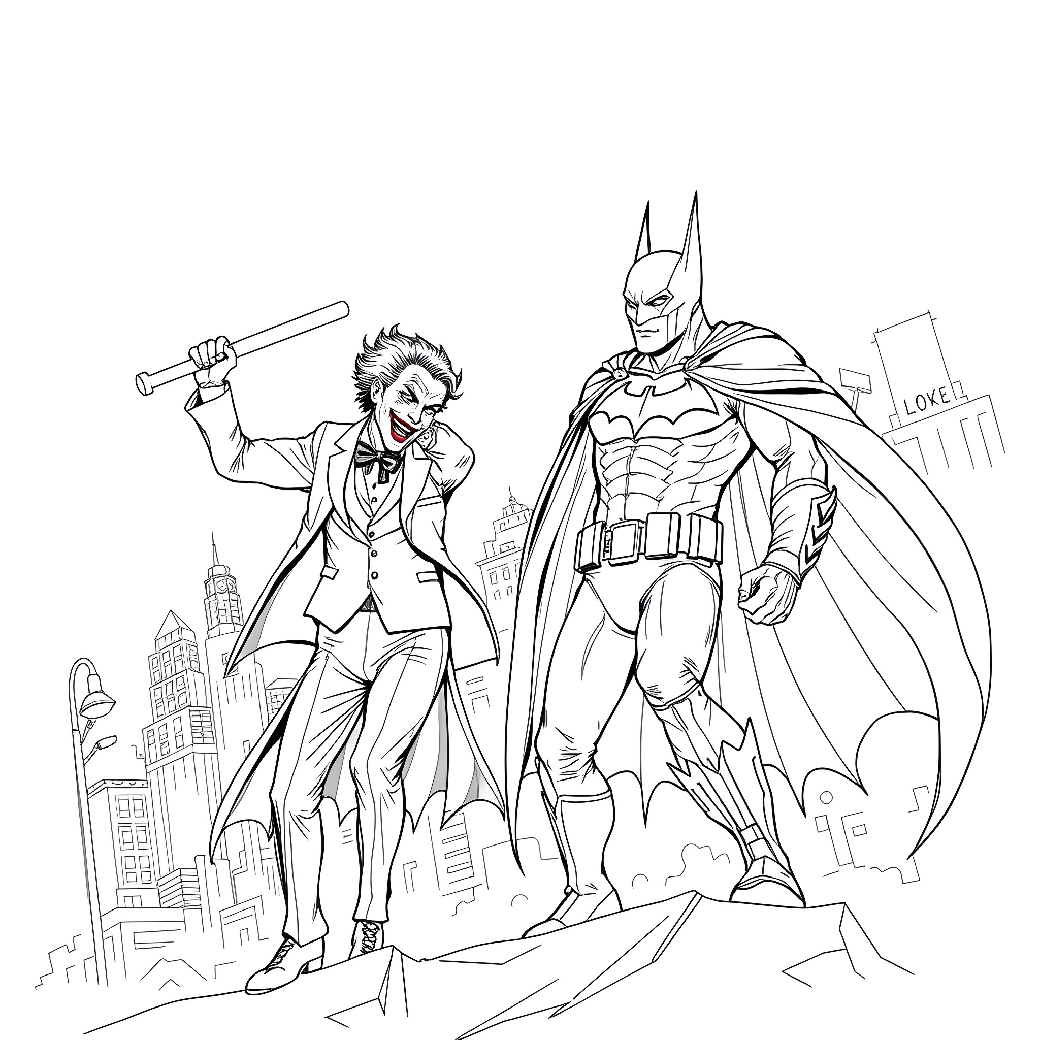 Joker and Batman confronting each other in the city Coloring Page (free black-and-white line drawing printable PDF for all, from beginners to advanced learners, including children, teens, adults, and seniors)