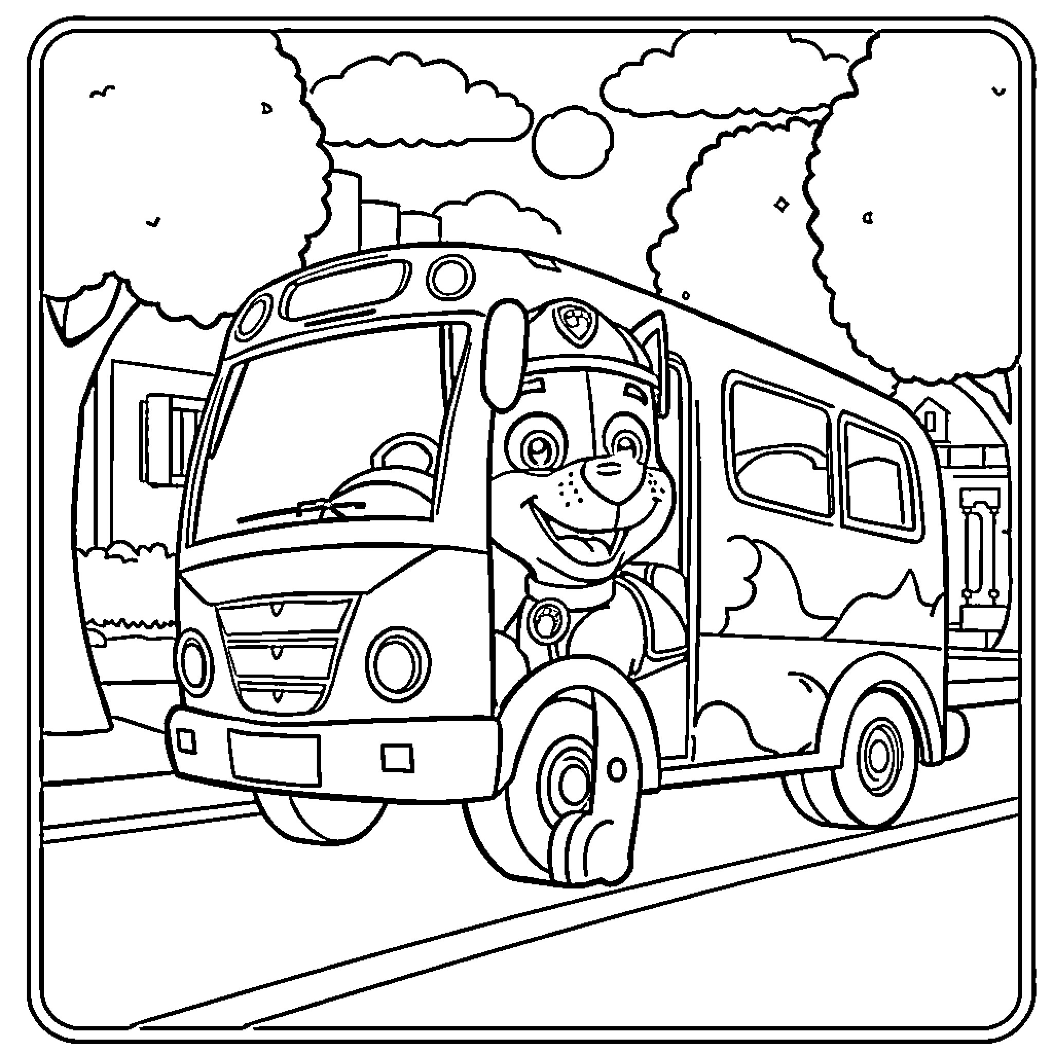 Rocky's Cheerful Train Adventure Coloring Page (free black-and-white line drawing printable PDF for all, from beginners to advanced learners, including children, teens, adults, and seniors)