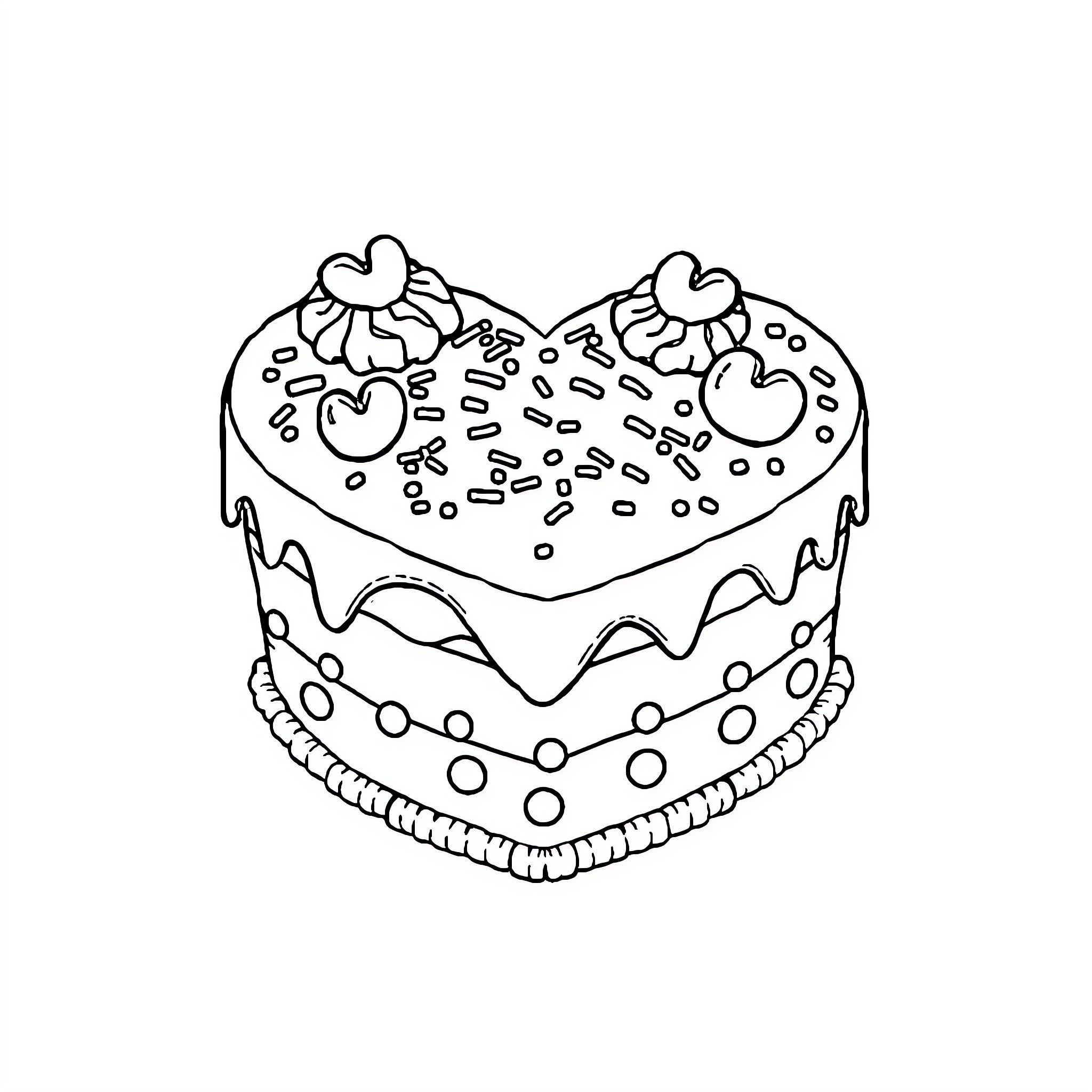Heart-shaped Cake with Decorative Toppings Coloring Page (free black-and-white line drawing printable PDF for all, from beginners to advanced learners, including children, teens, adults, and seniors)