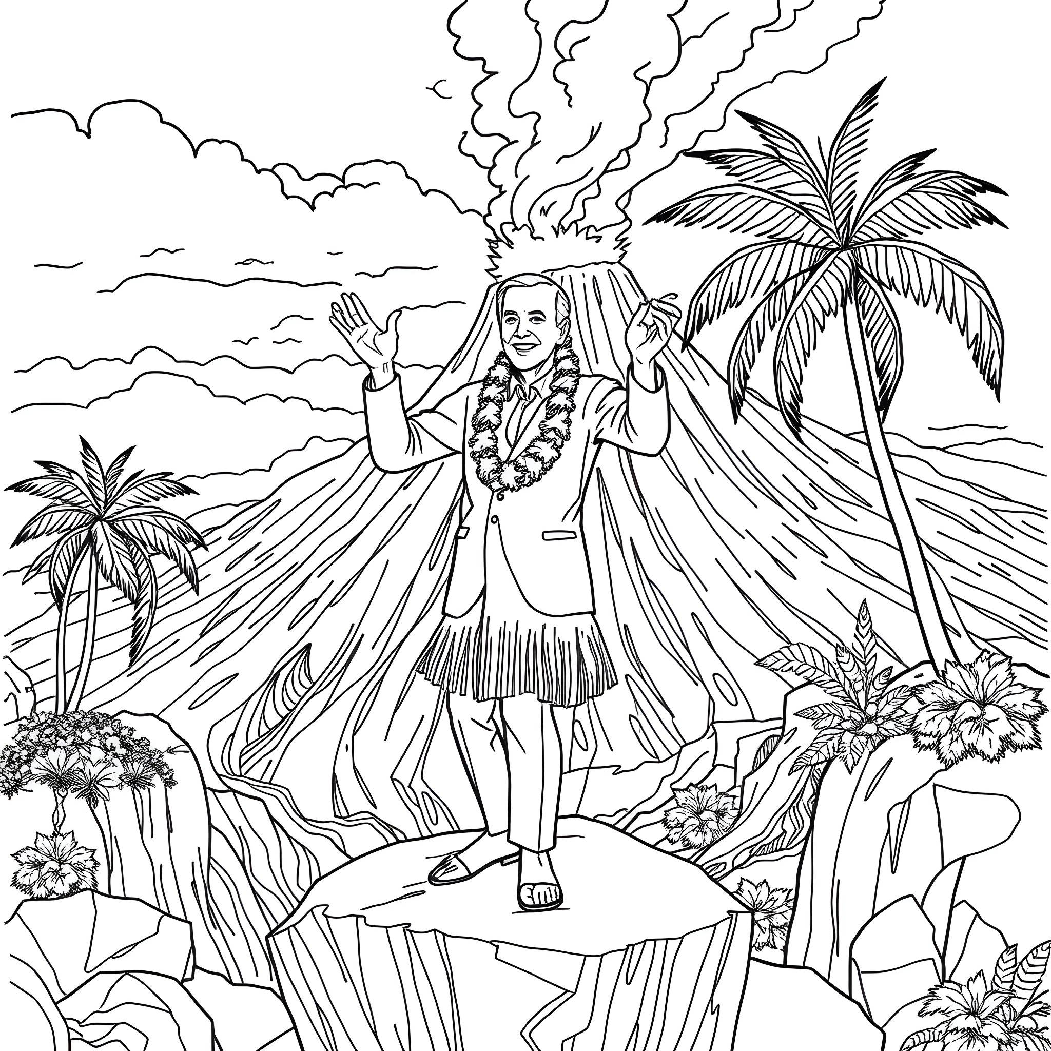 Joe Biden waving in a tropical paradise Coloring Page (free black-and-white line drawing printable PDF for all, from beginners to advanced learners, including children, teens, adults, and seniors)