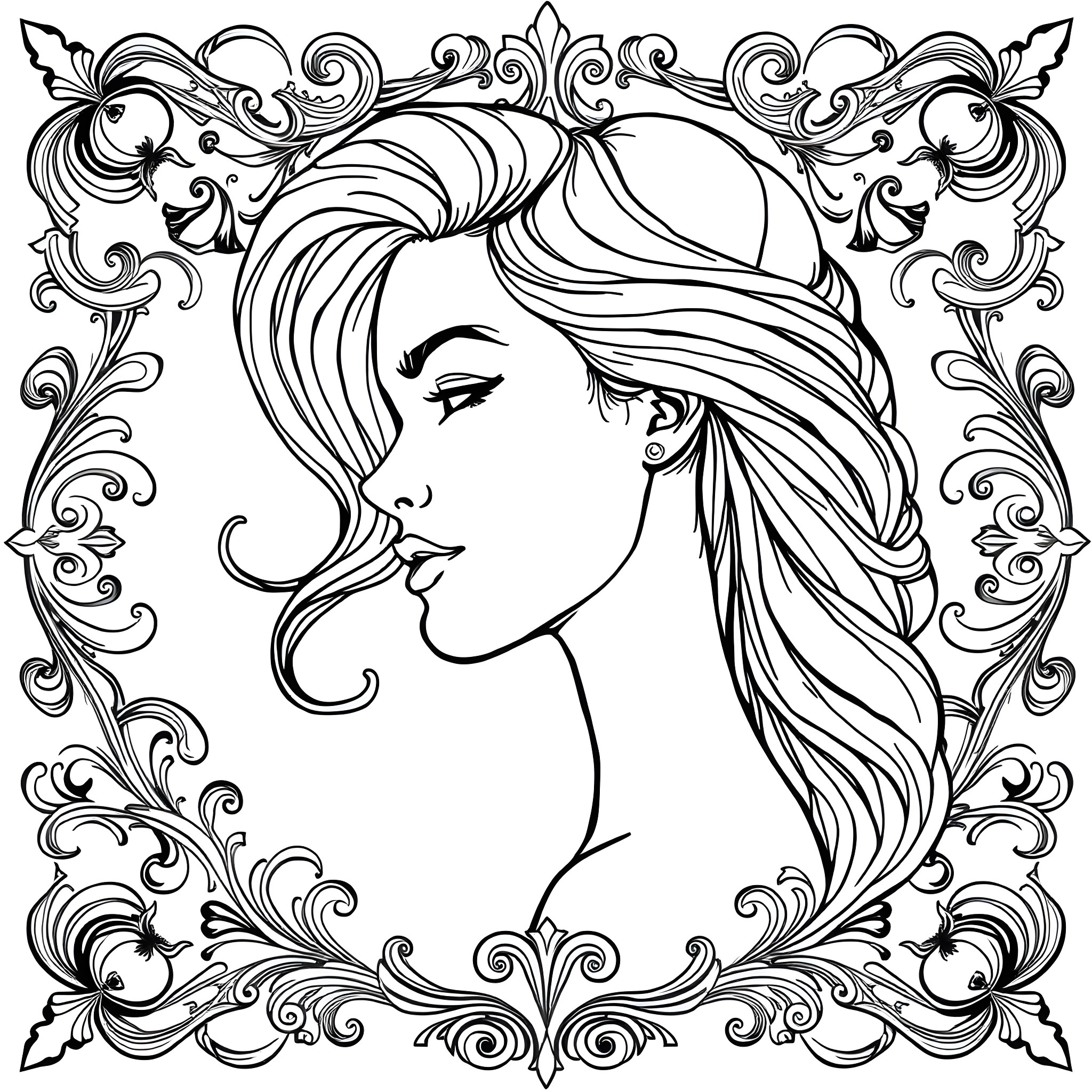 Woman with elaborate floral design Coloring Page (free black-and-white line drawing printable PDF for all, from beginners to advanced learners, including children, teens, adults, and seniors)