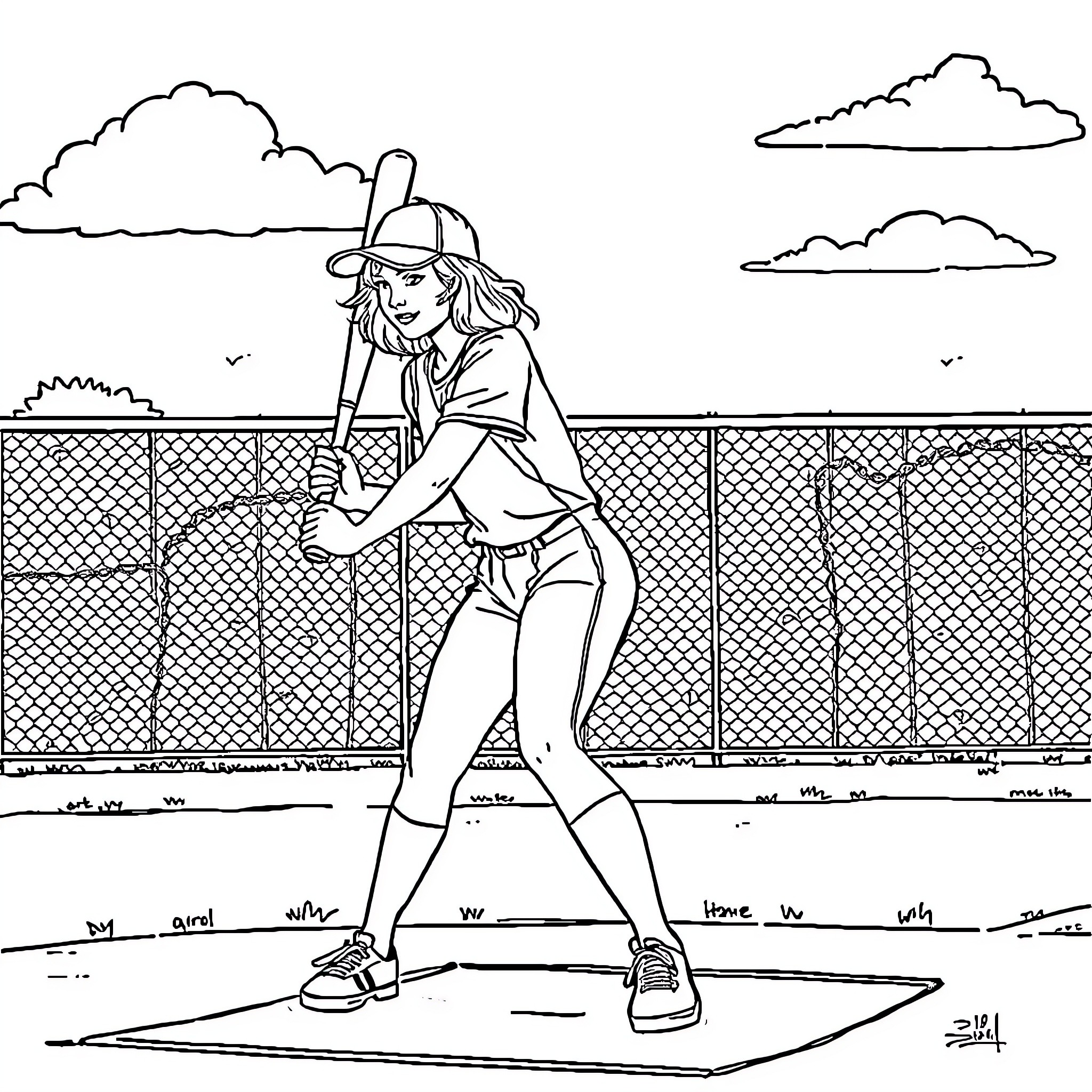 Taylor Swift playing softball on the field Coloring Page (free black-and-white line drawing printable PDF for all, from beginners to advanced learners, including children, teens, adults, and seniors)