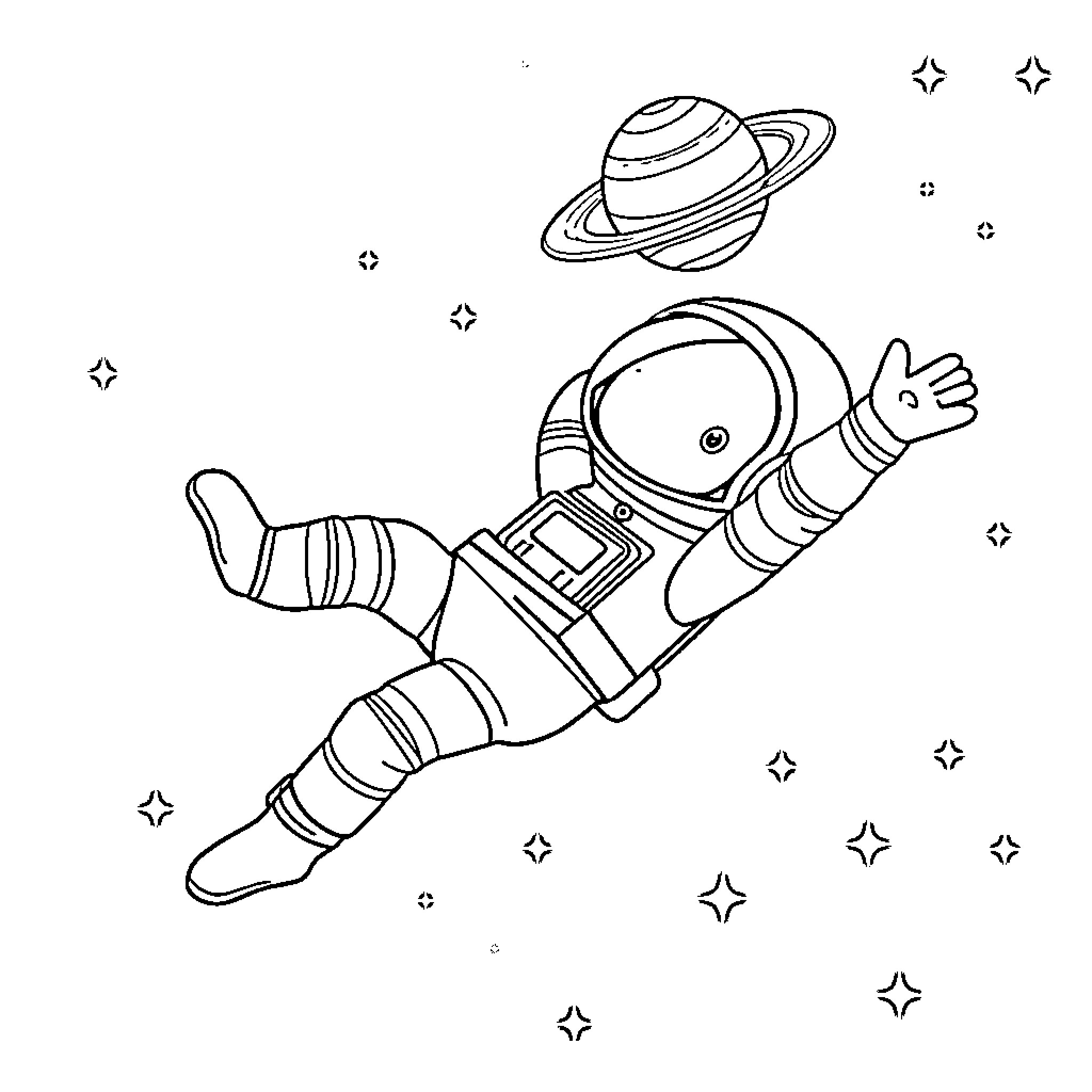 Astronaut floating in space with planets Coloring Page (free black-and-white line drawing printable PDF for all, from beginners to advanced learners, including children, teens, adults, and seniors)