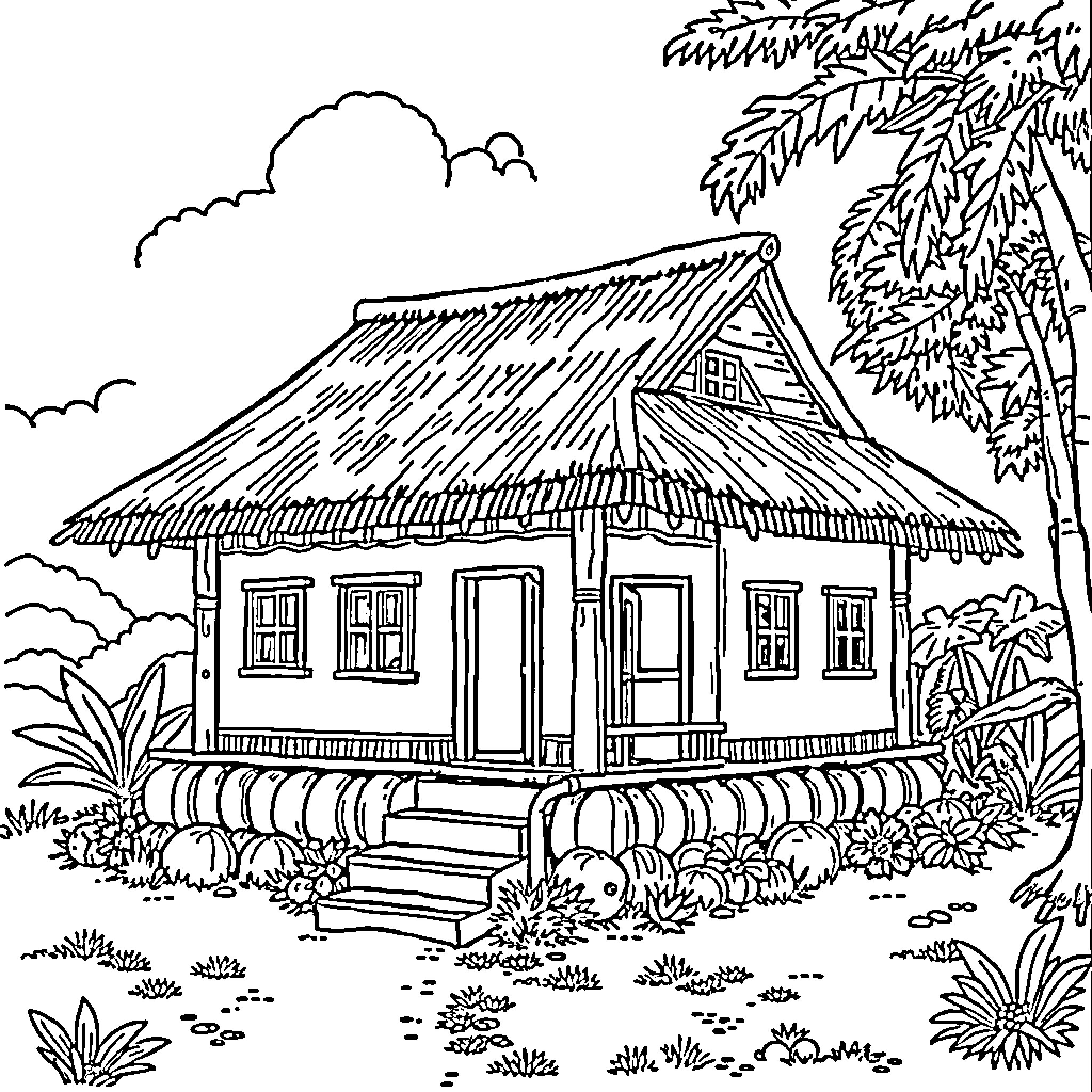 Canaque tropical dwelling with lush vegetation Coloring Page (free black-and-white line drawing printable PDF for all, from beginners to advanced learners, including children, teens, adults, and seniors)