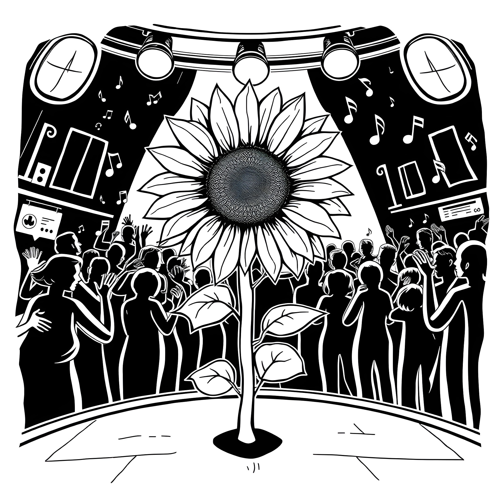 Sunflower Festival with Crowd and Music Coloring Page (free black-and-white line drawing printable PDF for all, from beginners to advanced learners, including children, teens, adults, and seniors)