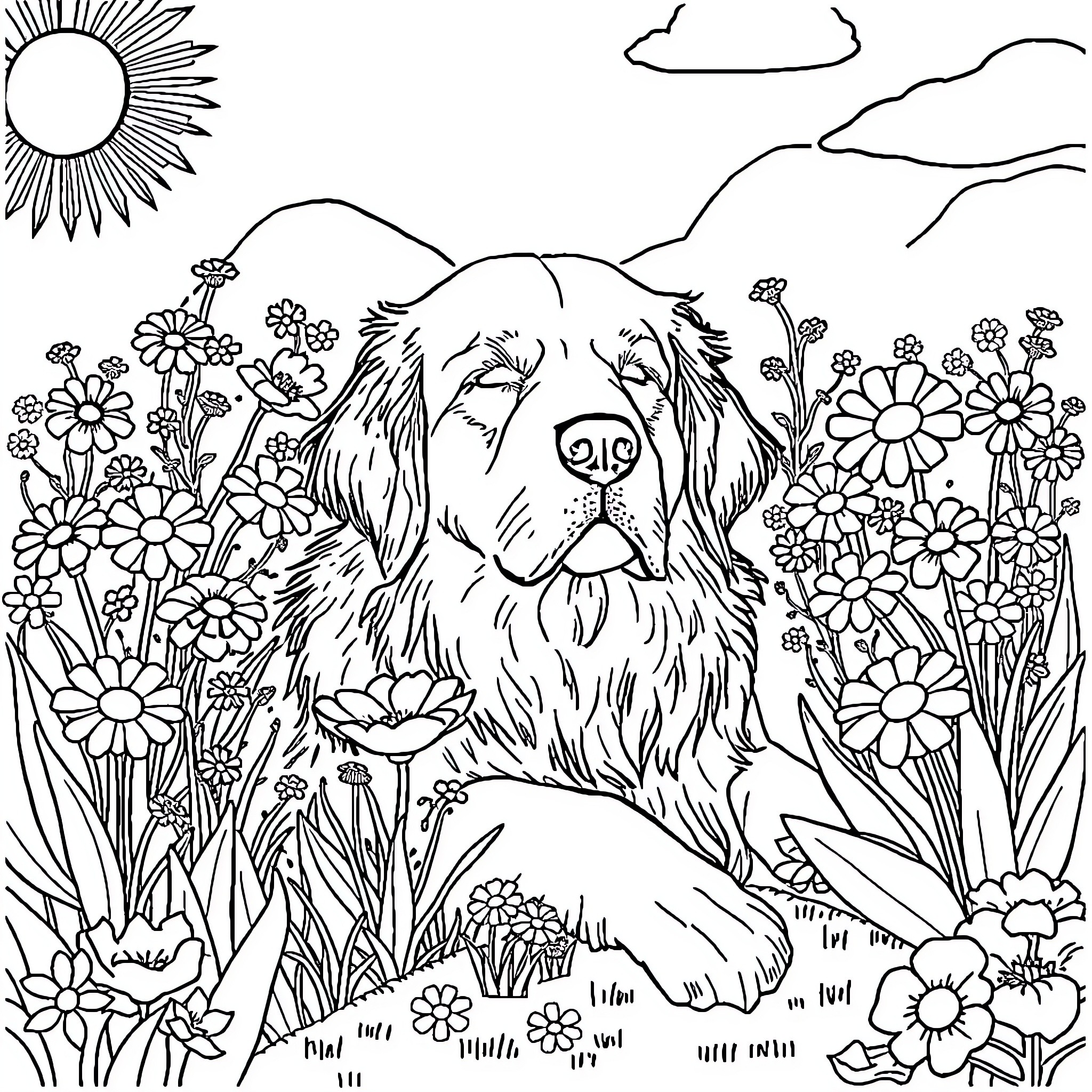 Golden Retriever resting in a flower-filled field Coloring Page (free black-and-white line drawing printable PDF for all, from beginners to advanced learners, including children, teens, adults, and seniors)