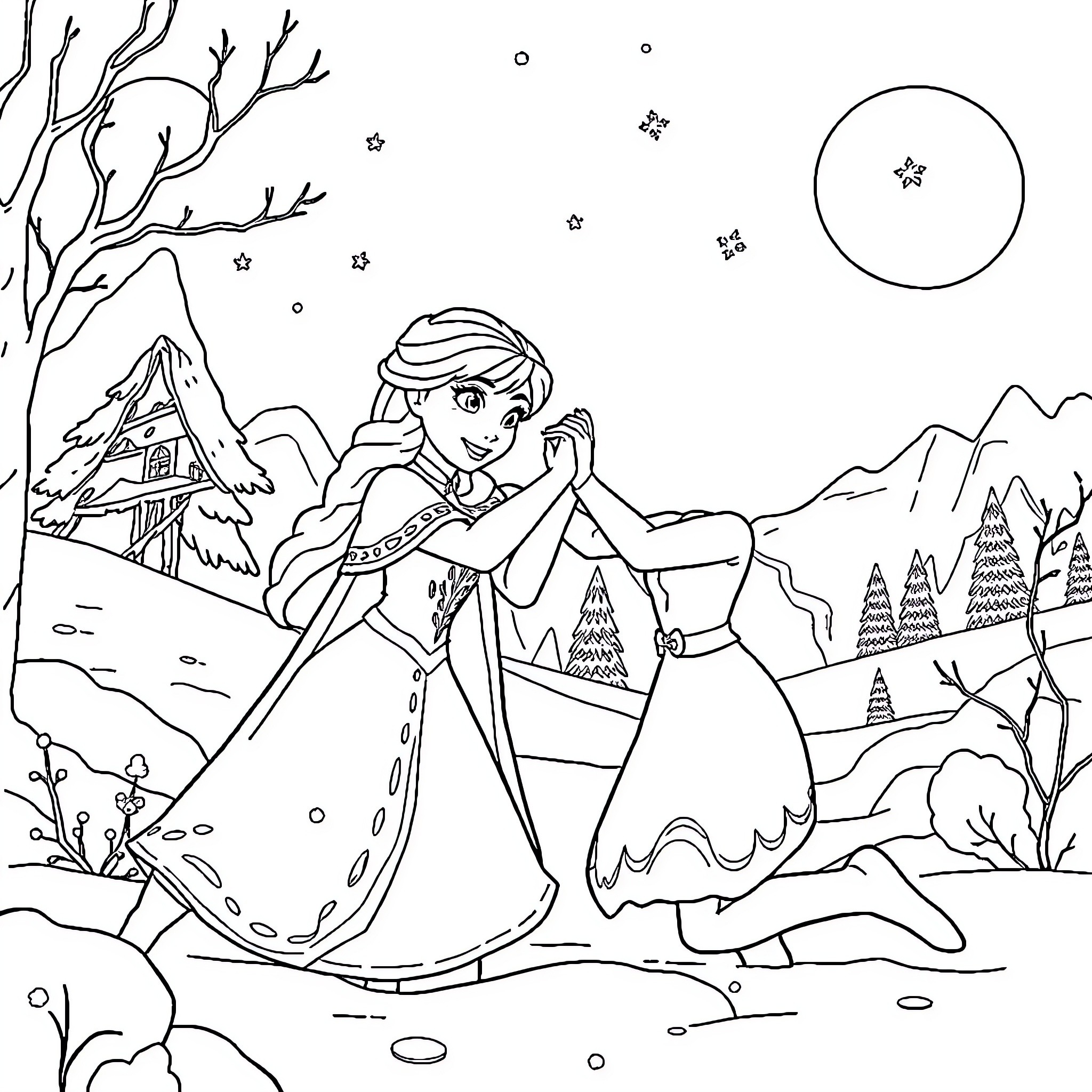 Elsa and Anna in a snowy winter landscape Coloring Page (free black-and-white line drawing printable PDF for all, from beginners to advanced learners, including children, teens, adults, and seniors)