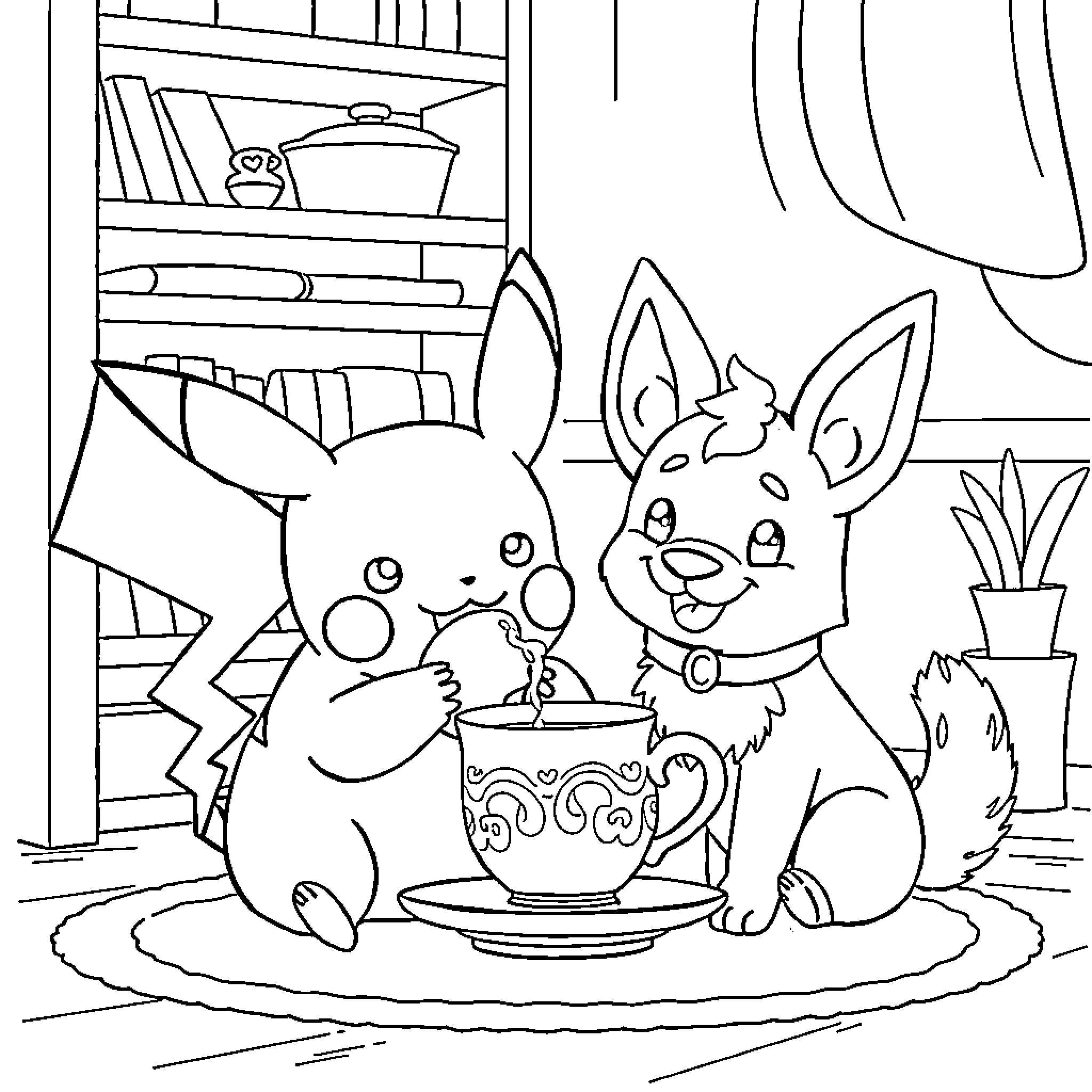 Pikachu and Buneary enjoying tea time together Coloring Page (free black-and-white line drawing printable PDF for all, from beginners to advanced learners, including children, teens, adults, and seniors)