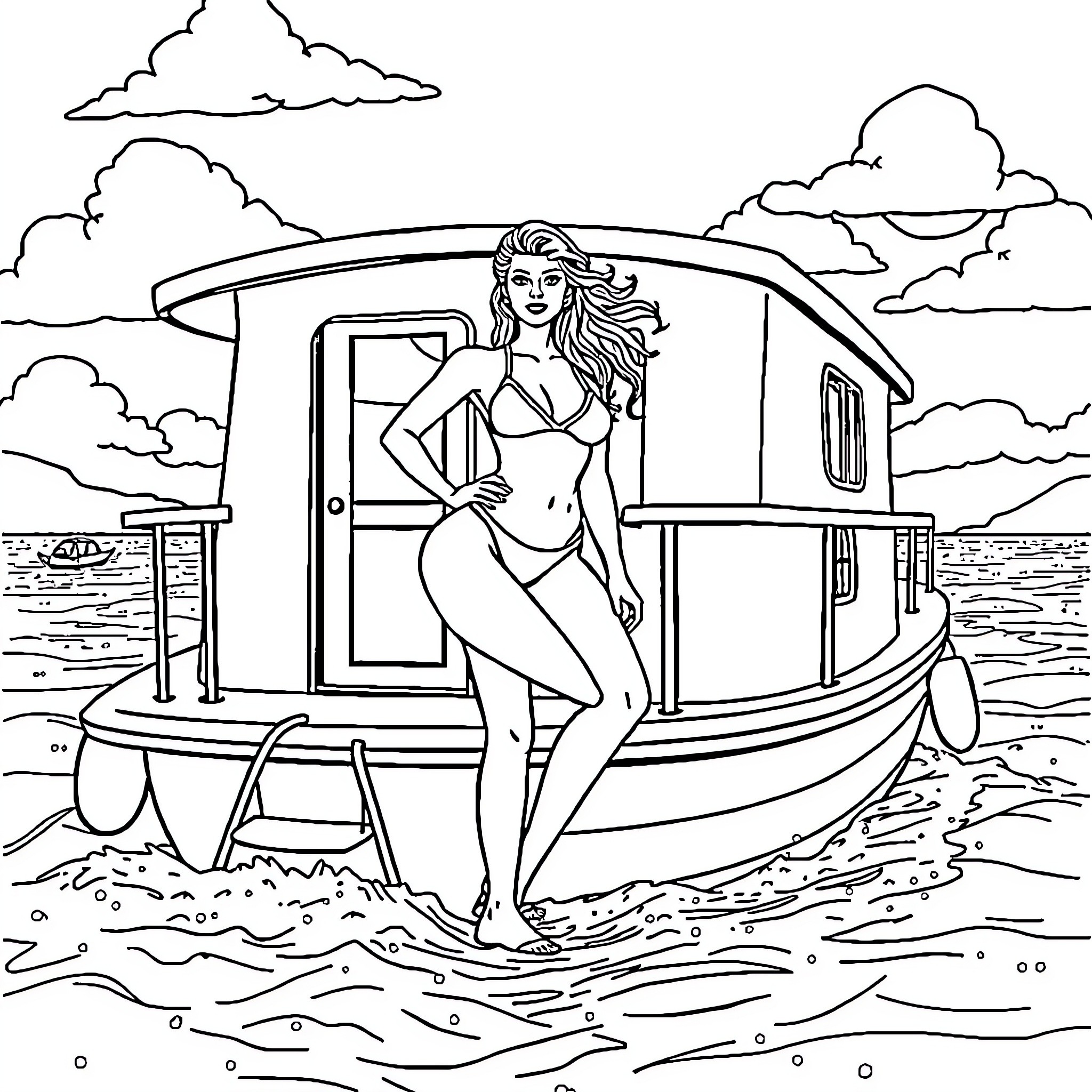 Model posing confidently near a houseboat Coloring Page (free black-and-white line drawing printable PDF for all, from beginners to advanced learners, including children, teens, adults, and seniors)
