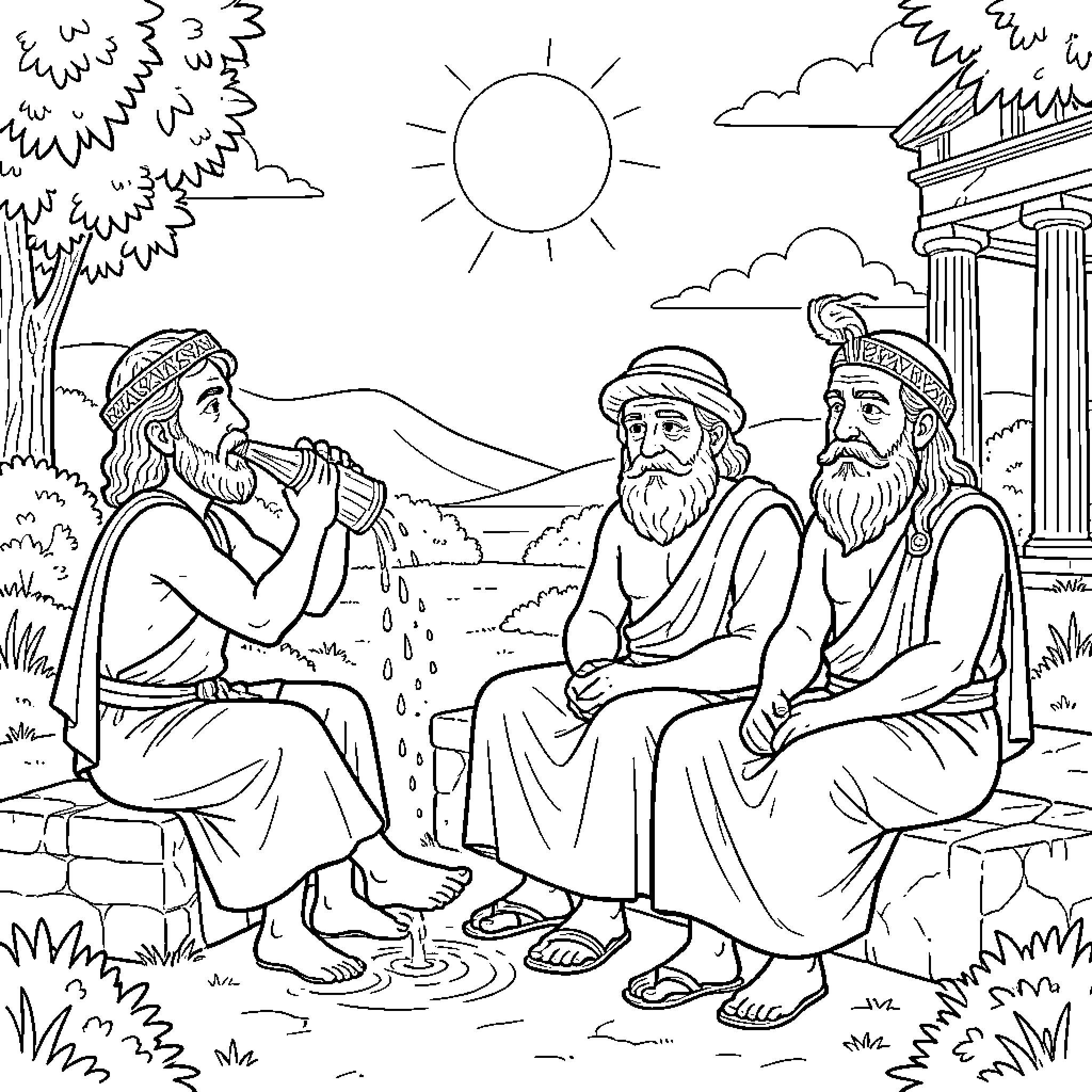 HERMÓGENES philosophers in contemplative discussion Coloring Page (free black-and-white line drawing printable PDF for all, from beginners to advanced learners, including children, teens, adults, and seniors)