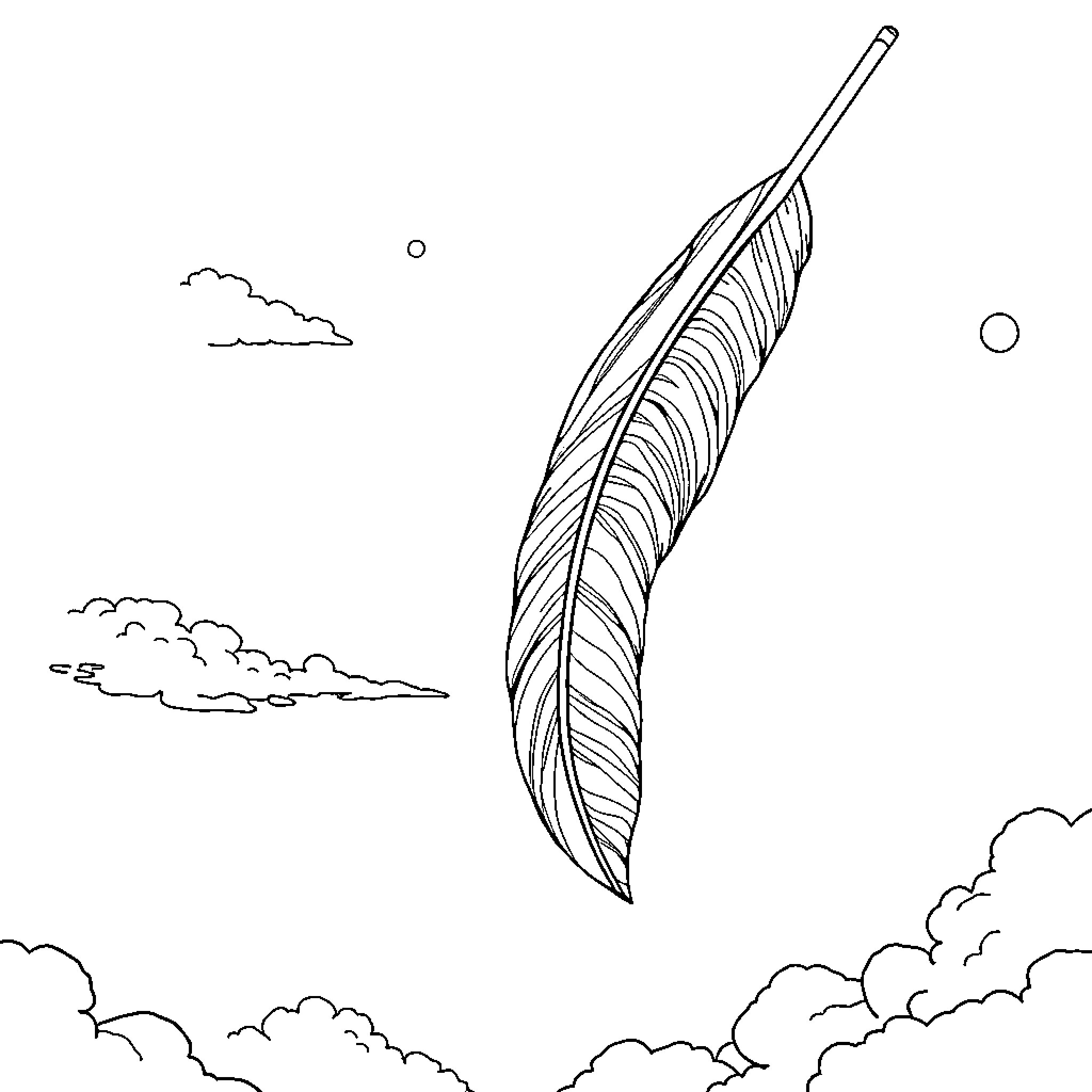 Feather floating gracefully in the sky Coloring Page (free black-and-white line drawing printable PDF for all, from beginners to advanced learners, including children, teens, adults, and seniors)