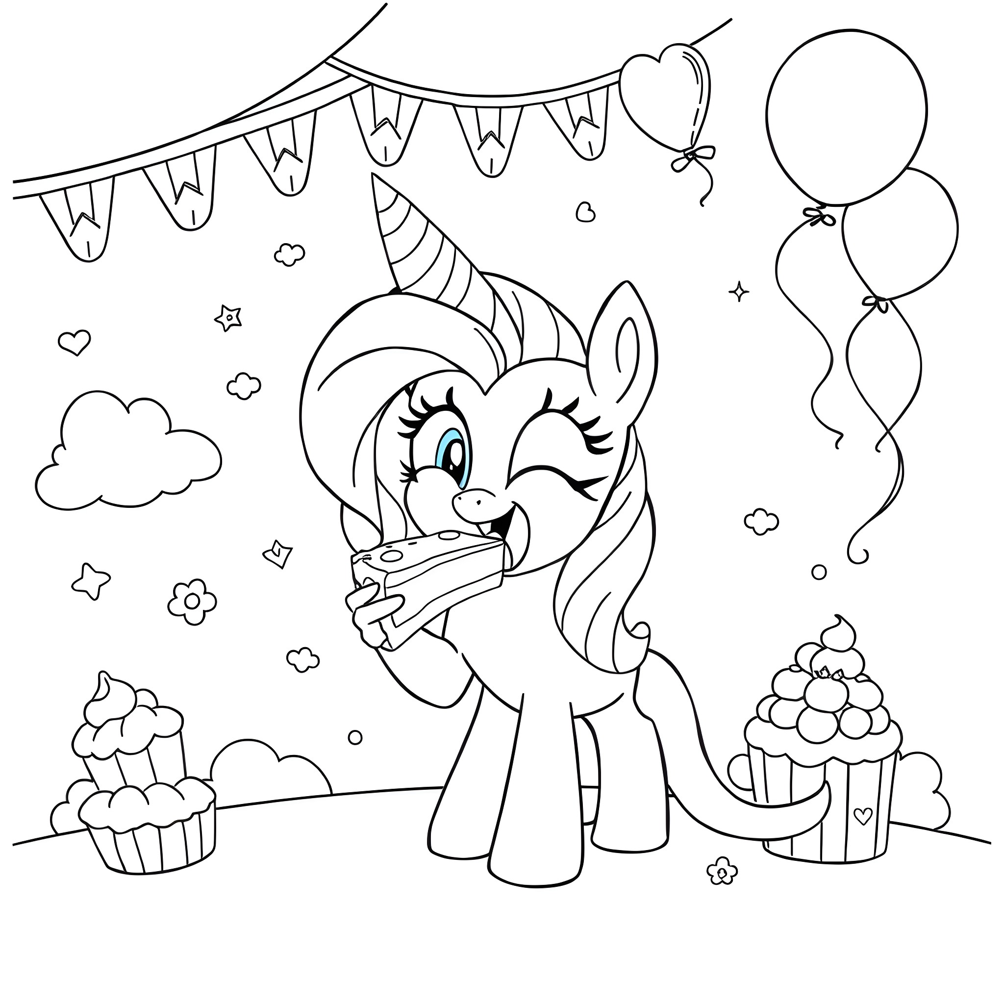 Pinkie Pie celebrating with balloons and cupcakes Coloring Page (free black-and-white line drawing printable PDF for all, from beginners to advanced learners, including children, teens, adults, and seniors)