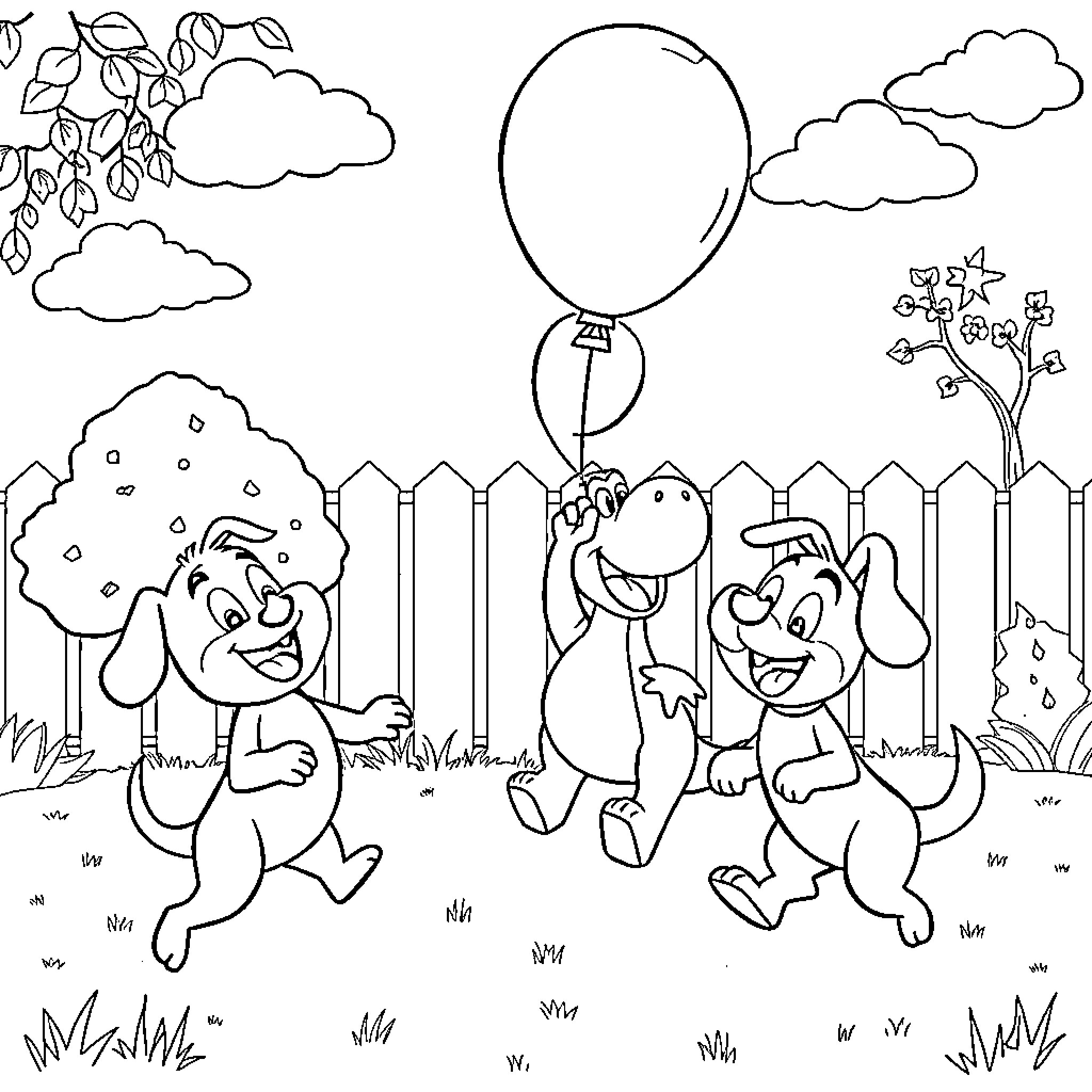 Bluey and friends playing in the backyard Coloring Page (free black-and-white line drawing printable PDF for all, from beginners to advanced learners, including children, teens, adults, and seniors)