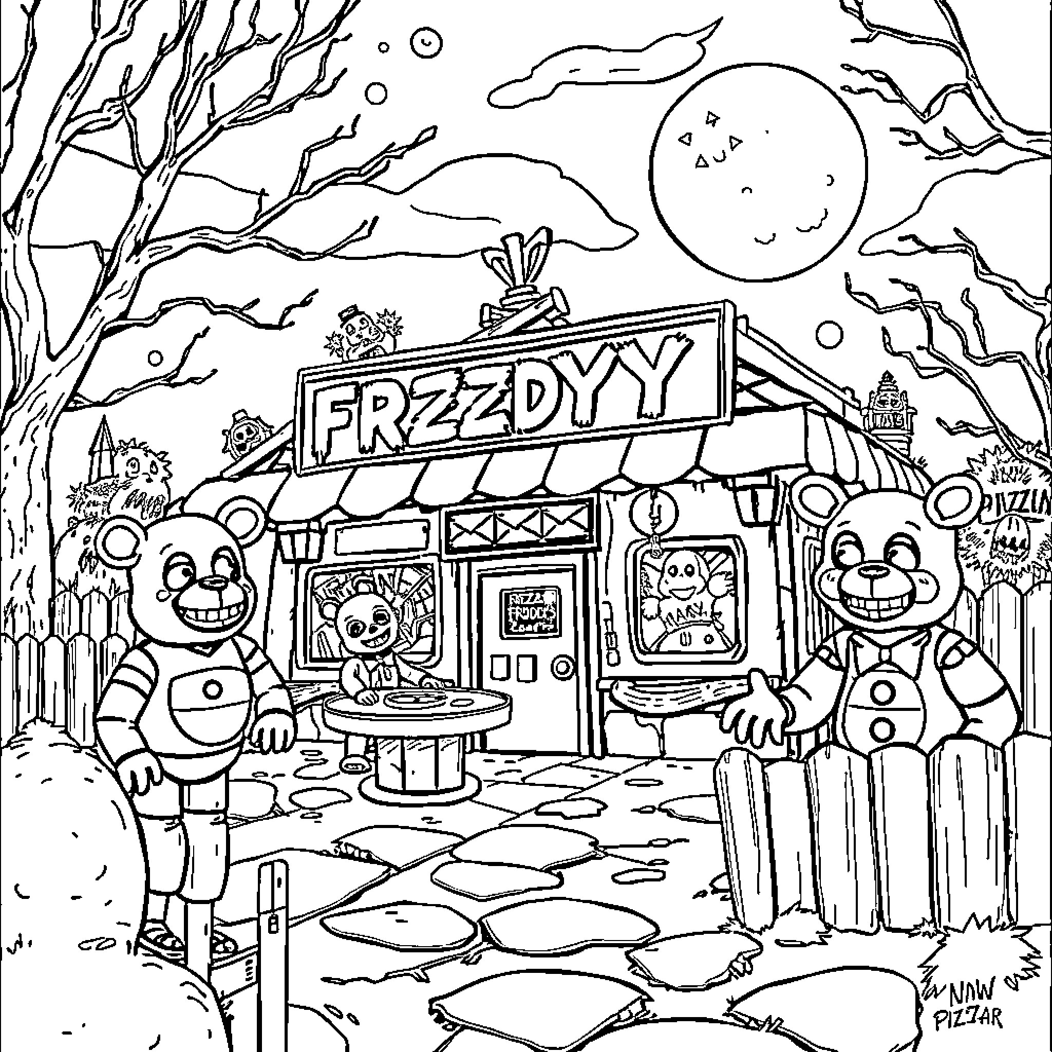 Five Nights At Freddy's Animatronic Characters at Pizzeria Coloring Page (free black-and-white line drawing printable PDF for all, from beginners to advanced learners, including children, teens, adults, and seniors)