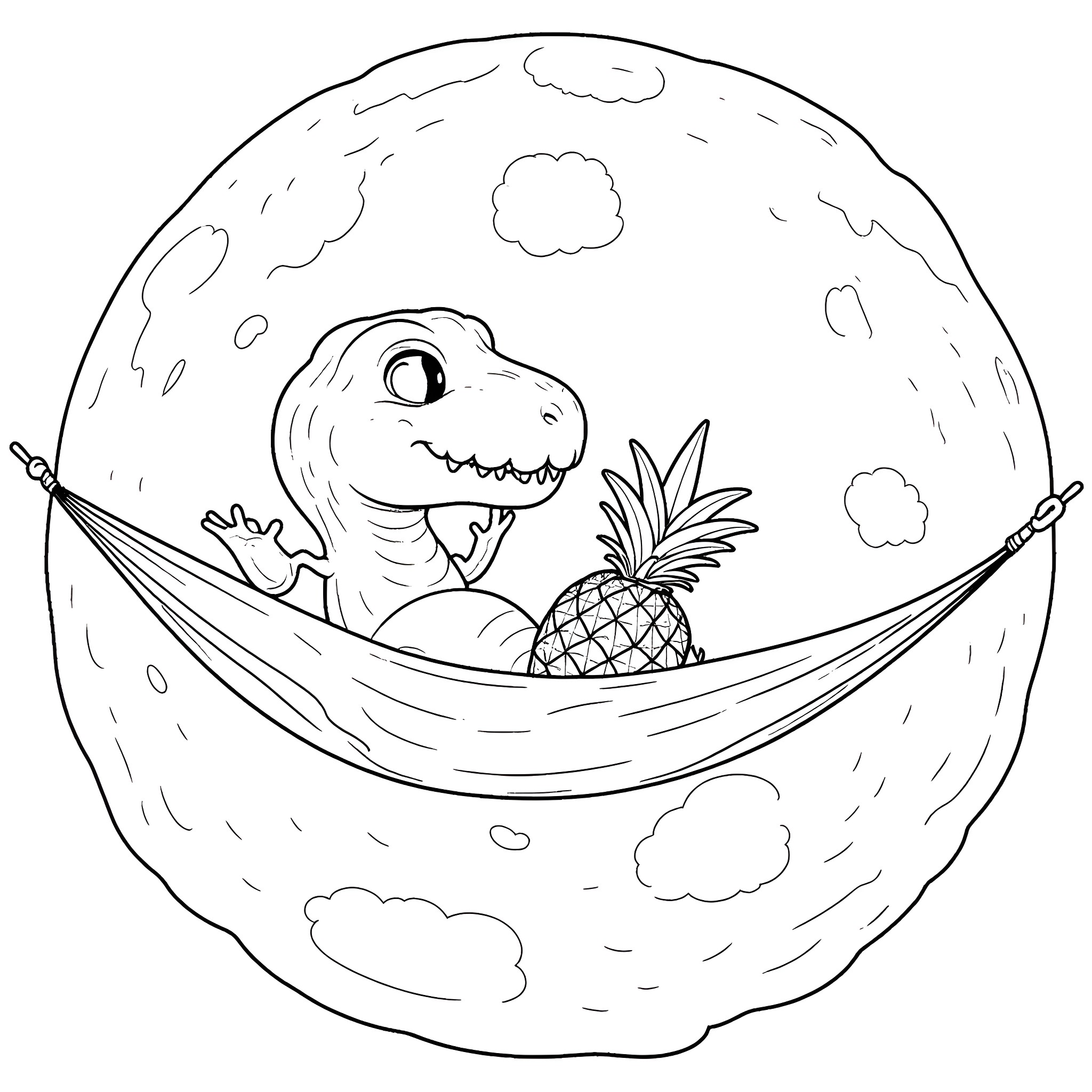 T-Rex relaxing in a hammock under the moon Coloring Page (free black-and-white line drawing printable PDF for all, from beginners to advanced learners, including children, teens, adults, and seniors)