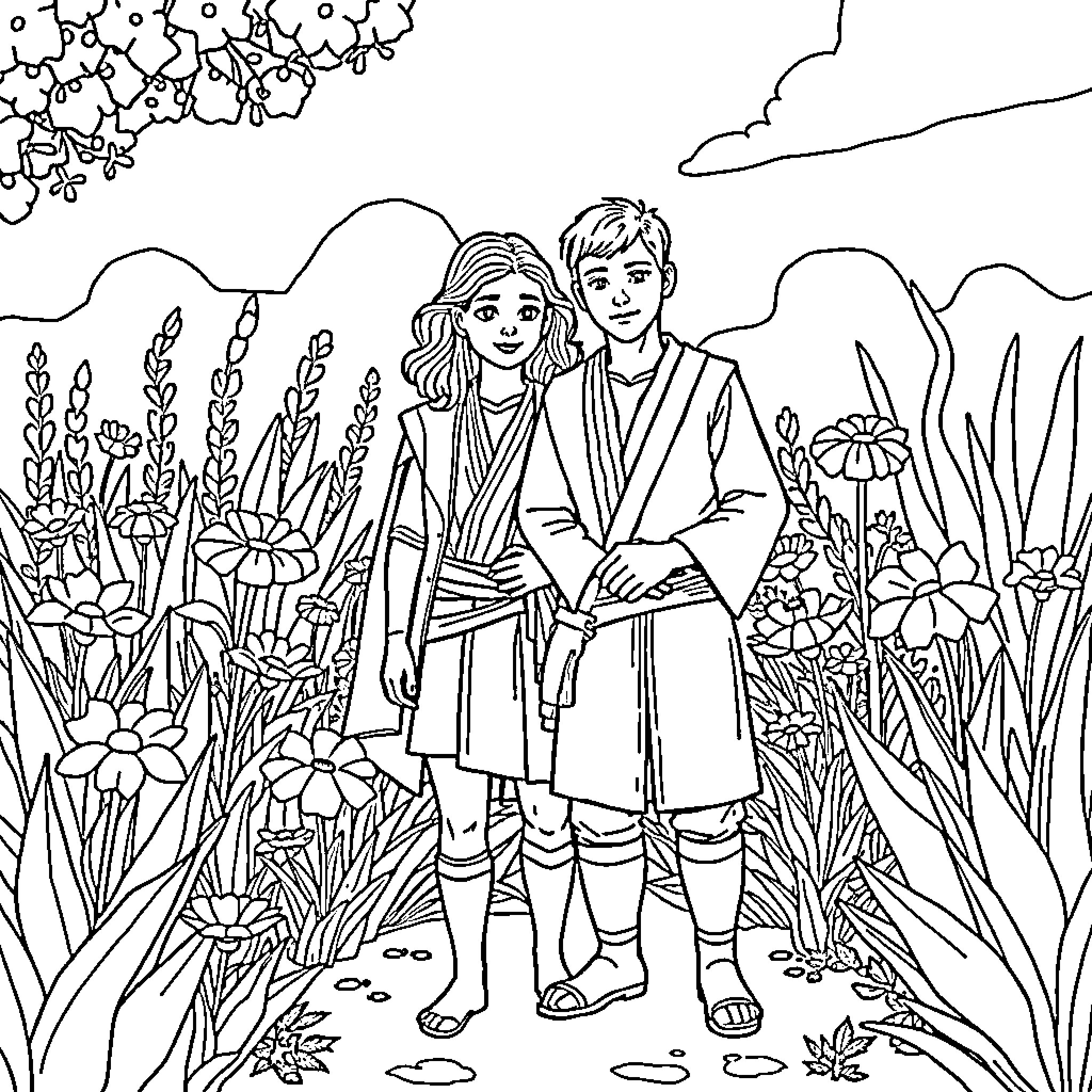 Ben Solo and companion explore nature's beauty Coloring Page (free black-and-white line drawing printable PDF for all, from beginners to advanced learners, including children, teens, adults, and seniors)