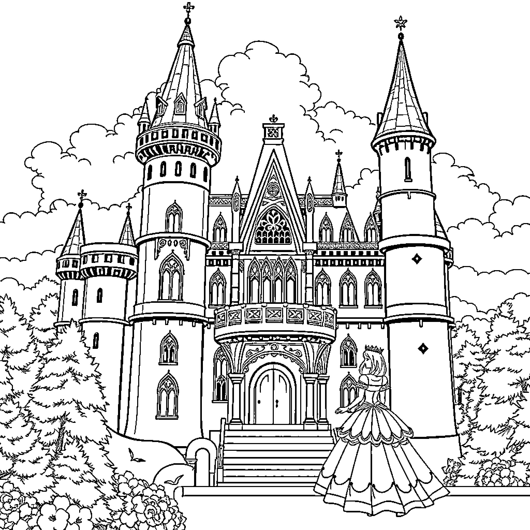 Castle with ornate architecture and princess in elegant dress Coloring Page (free black-and-white line drawing printable PDF for all, from beginners to advanced learners, including children, teens, adults, and seniors)