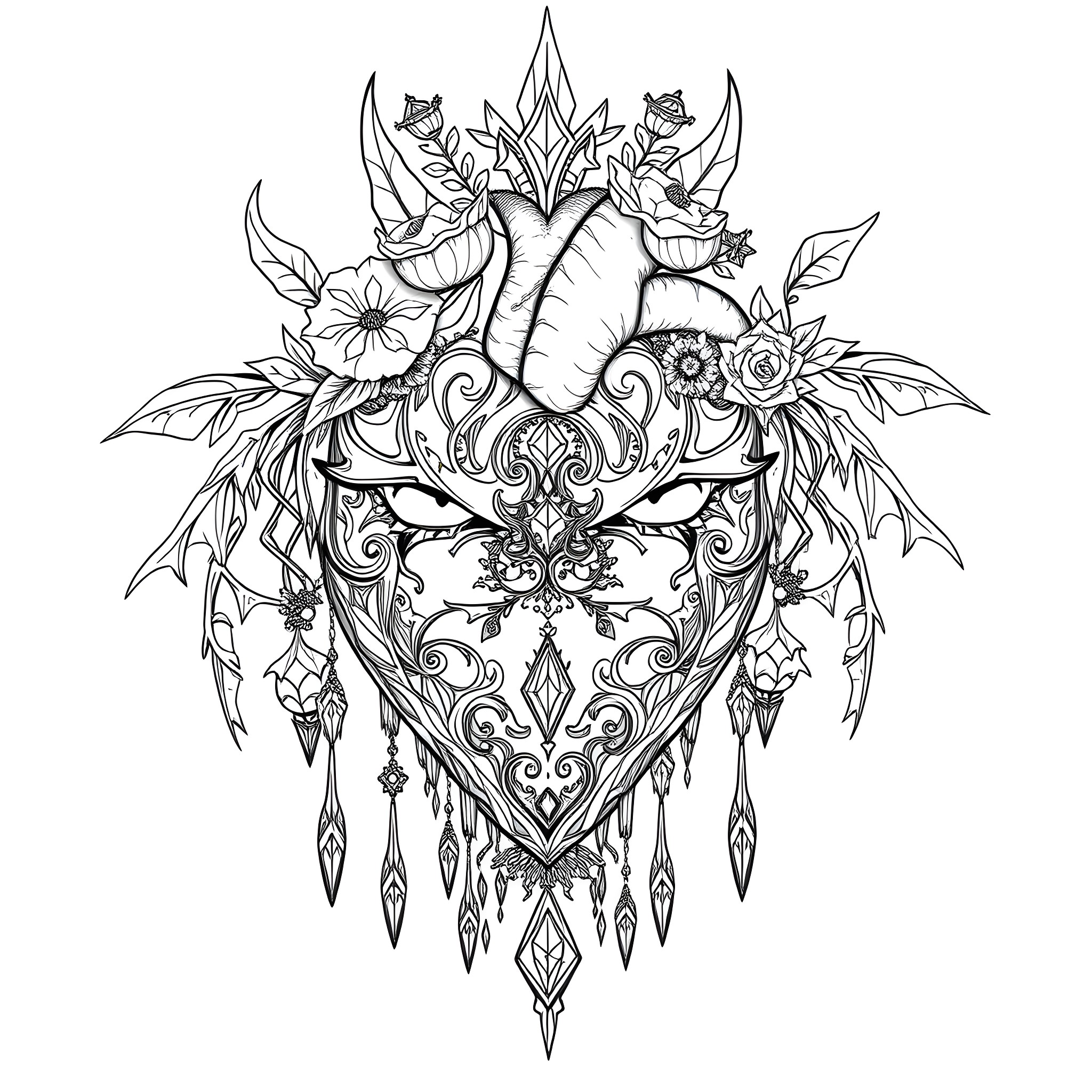 Heart of Floral Artistry and Ornamental Design Coloring Page (free black-and-white line drawing printable PDF for all, from beginners to advanced learners, including children, teens, adults, and seniors)