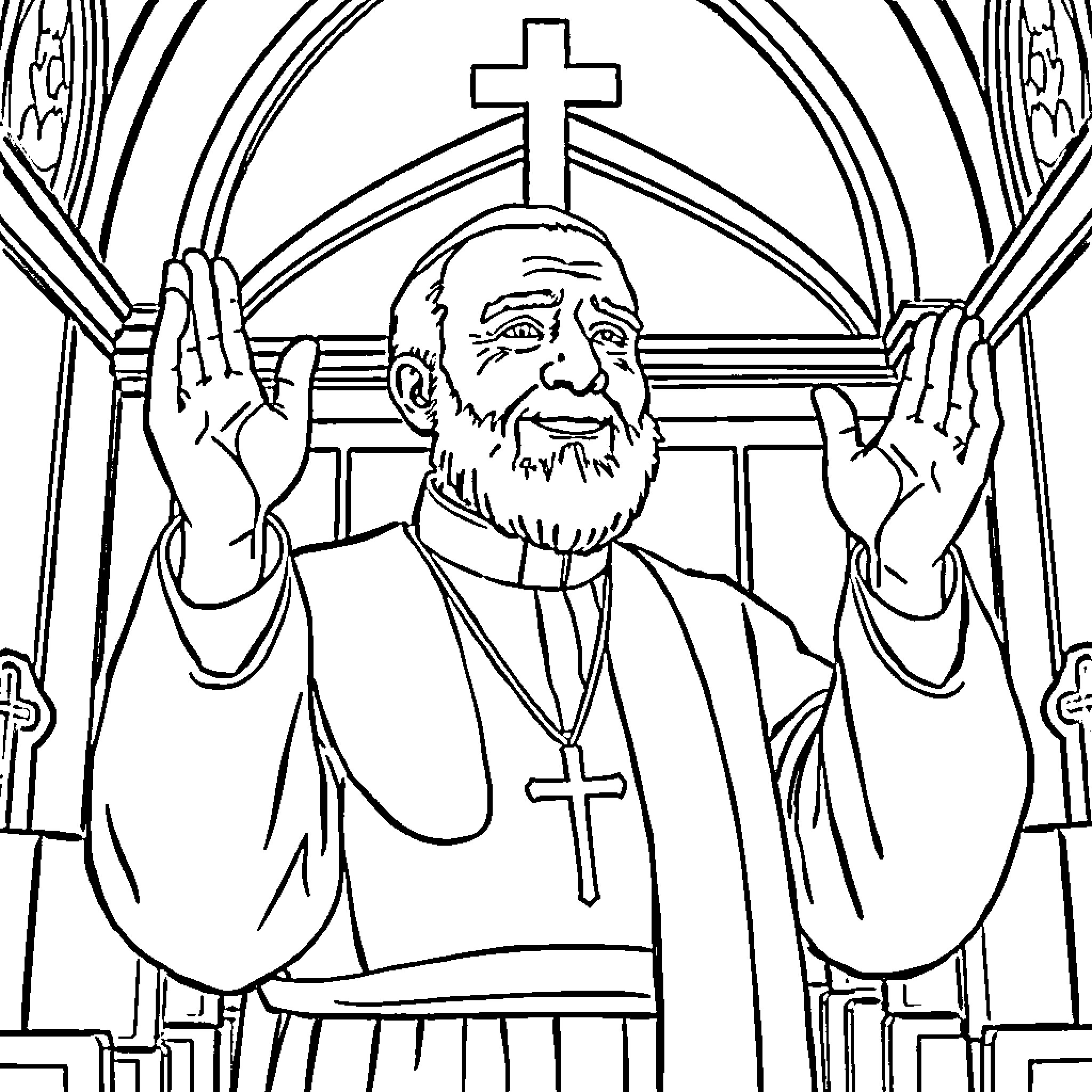 Padre Pio Praying Reverently in Church Coloring Page (free black-and-white line drawing printable PDF for all, from beginners to advanced learners, including children, teens, adults, and seniors)