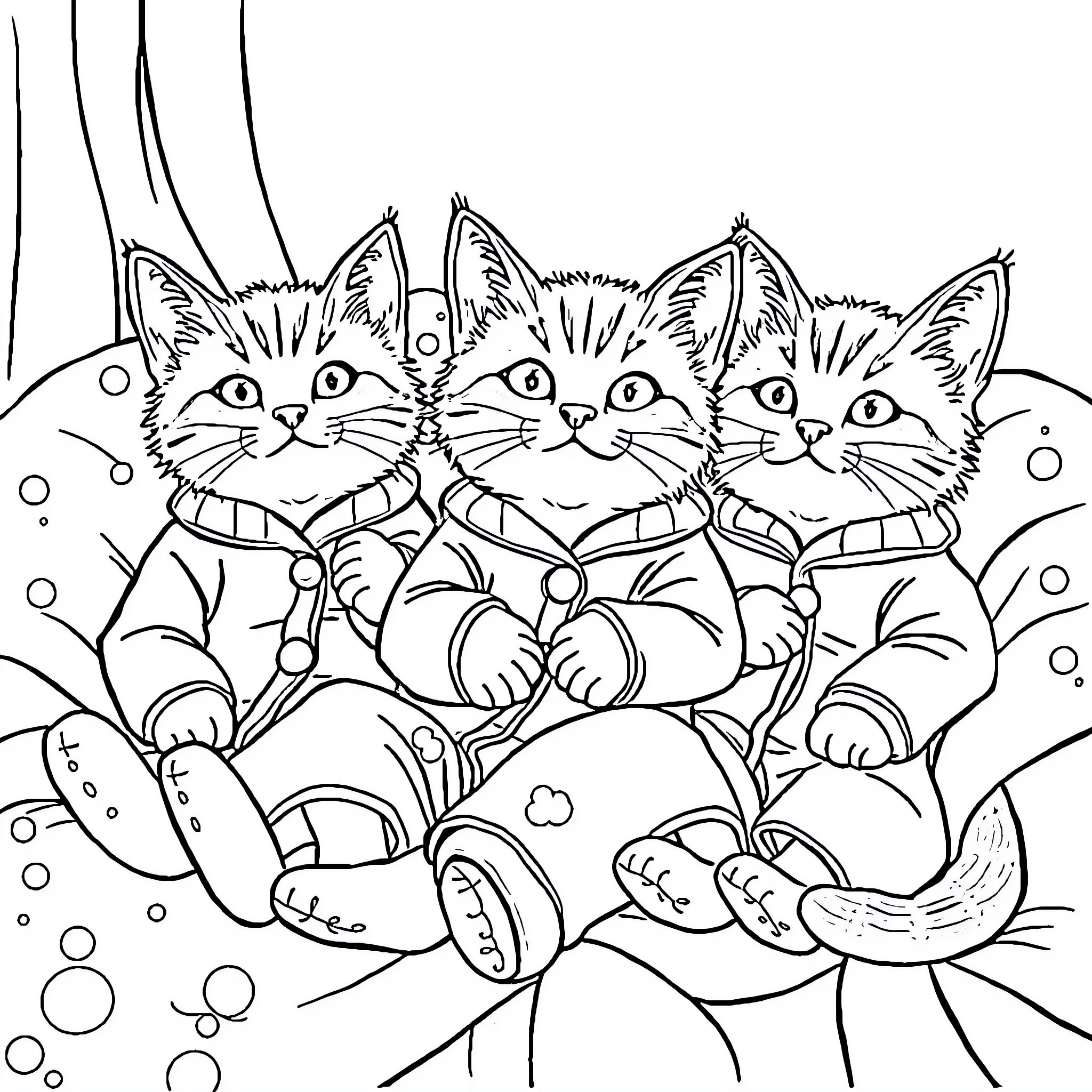 Cat Trio in Cozy Winter Attire Coloring Page (free black-and-white line drawing printable PDF for all, from beginners to advanced learners, including children, teens, adults, and seniors)