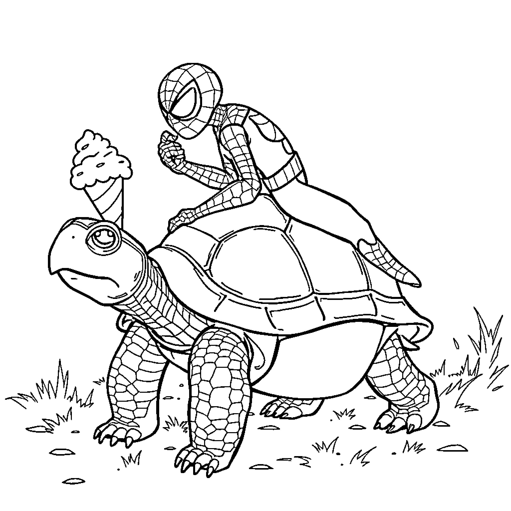 Spidey hitching a ride on a friendly turtle Coloring Page (free black-and-white line drawing printable PDF for all, from beginners to advanced learners, including children, teens, adults, and seniors)