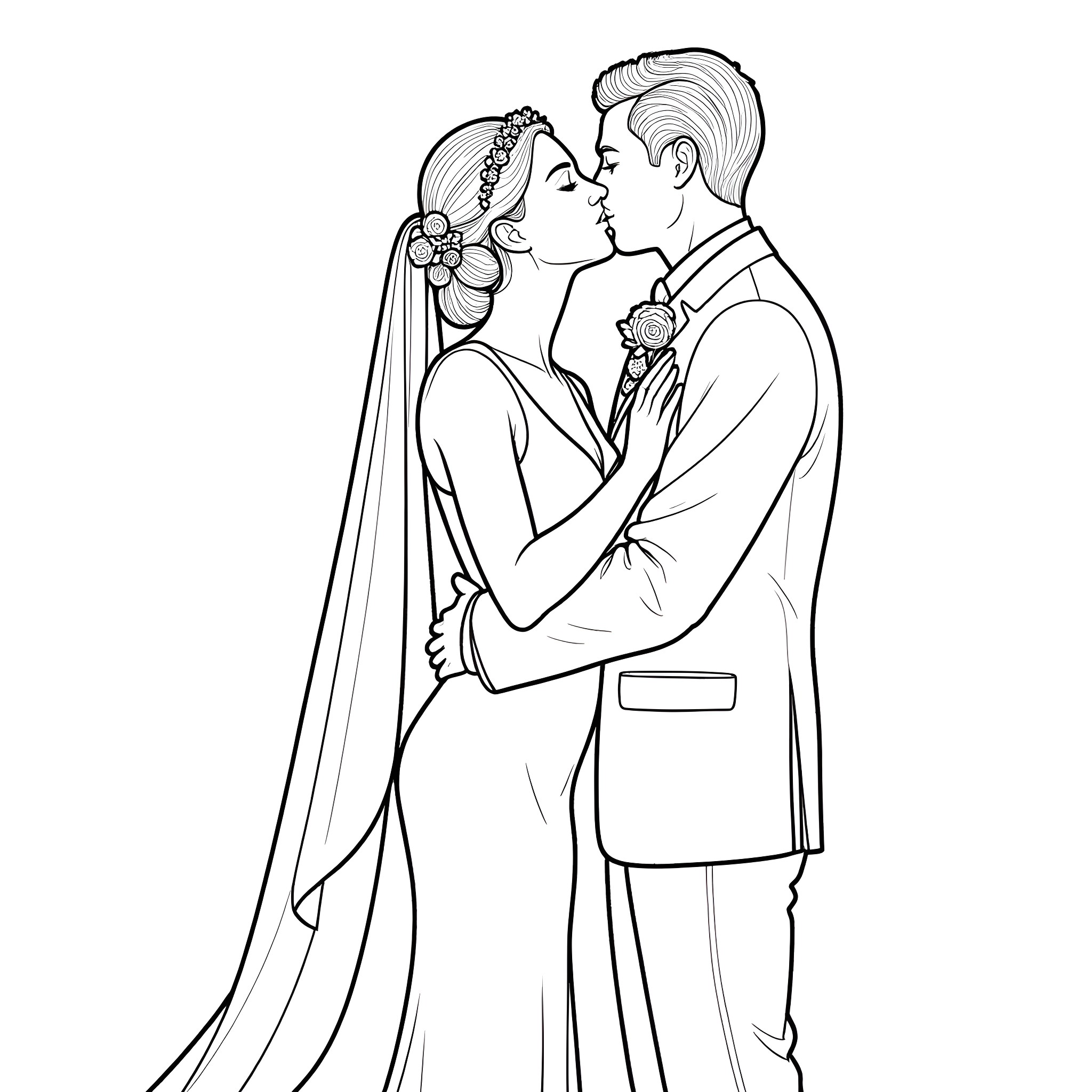 Couple sharing a romantic embrace on their wedding day Coloring Page (free black-and-white line drawing printable PDF for all, from beginners to advanced learners, including children, teens, adults, and seniors)