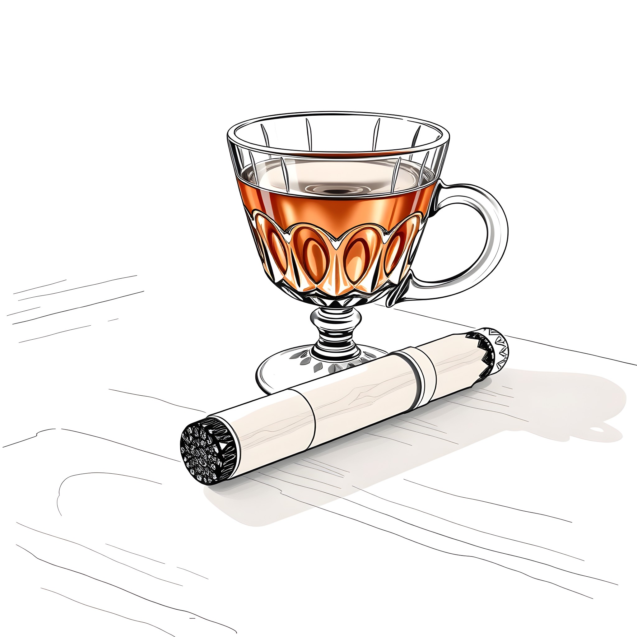Cigar and Cognac Relaxation Coloring Page (free black-and-white line drawing printable PDF for all, from beginners to advanced learners, including children, teens, adults, and seniors)