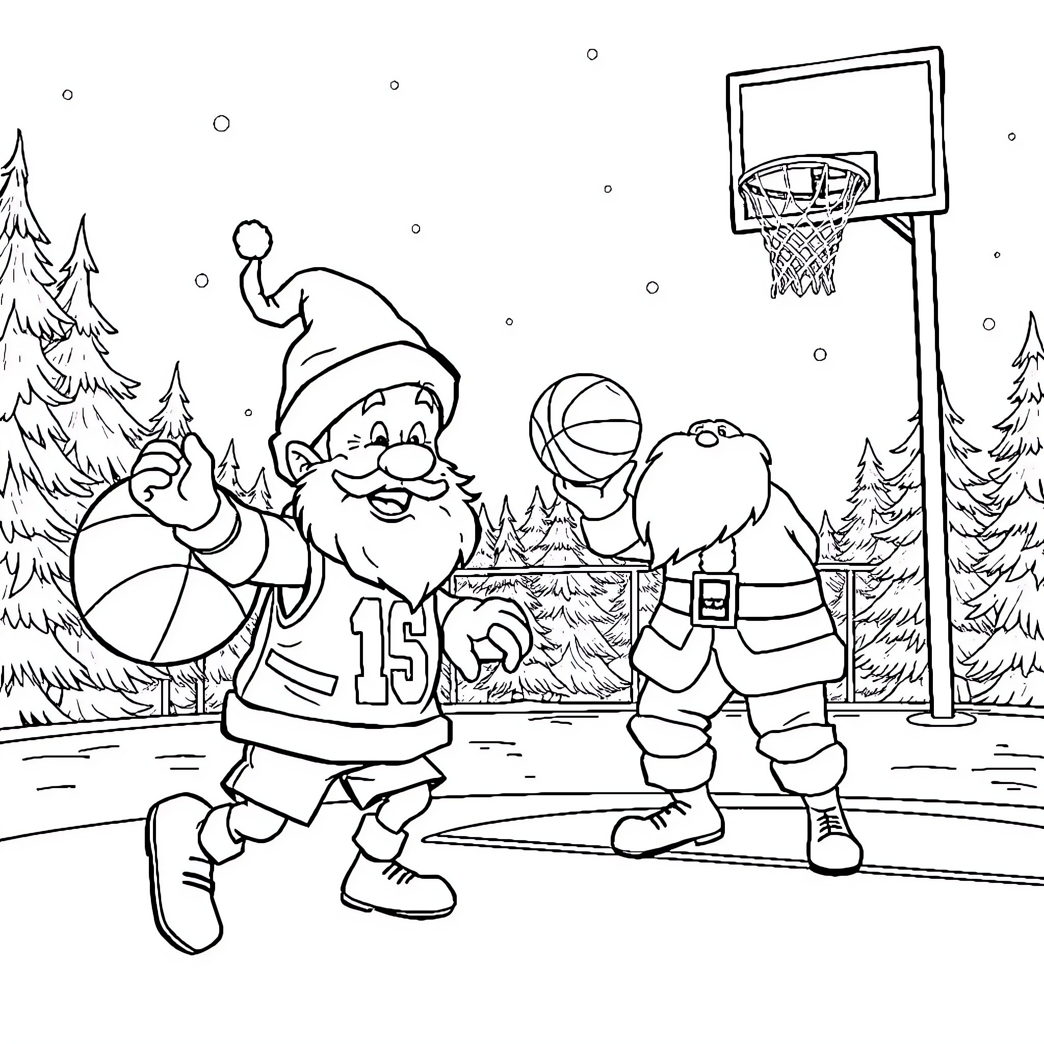 Dwarf Santa and elf playing basketball in the snow Coloring Page (free black-and-white line drawing printable PDF for all, from beginners to advanced learners, including children, teens, adults, and seniors)